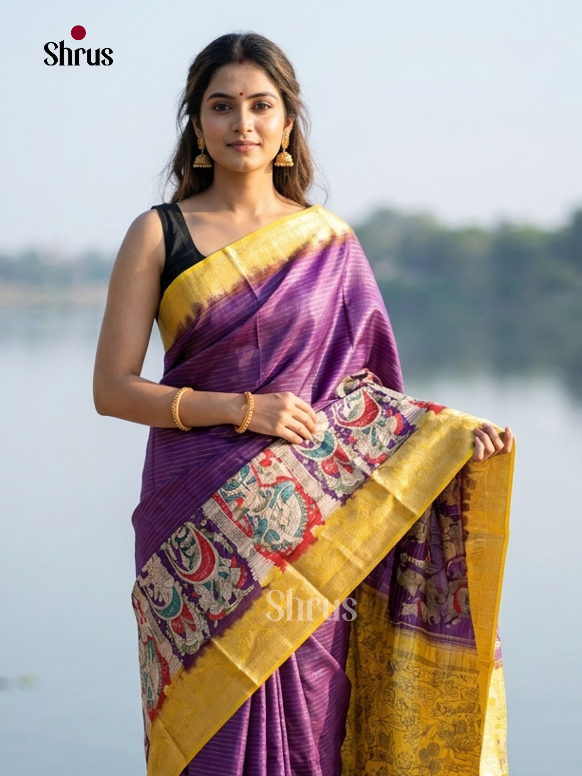 Violet & Yellow - Semi Tussar Saree