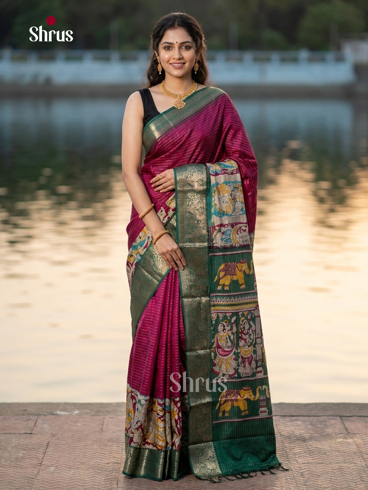 Majenta & Green - Semi Tussar Saree