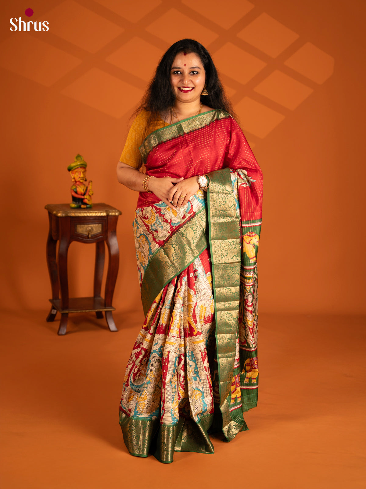 Red & green - Semi Tussar Saree - Shop on Shrus.com