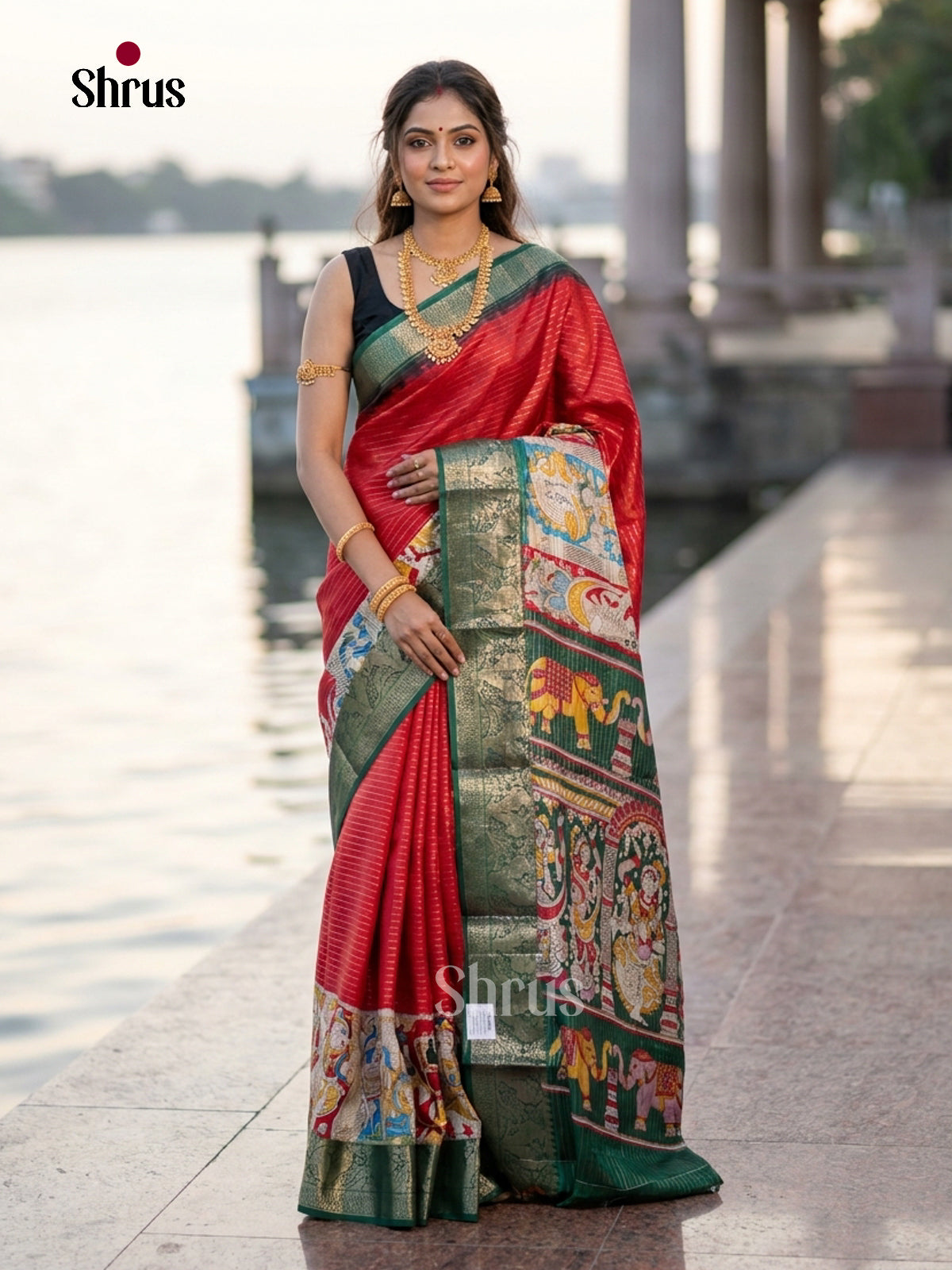Red & green - Semi Tussar Saree