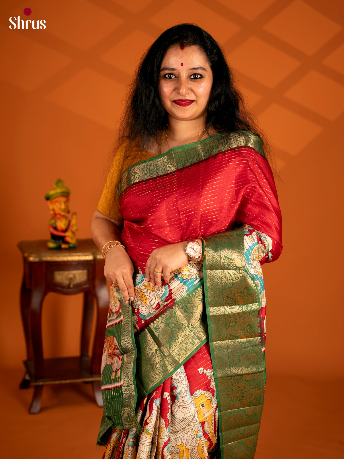 Red & green - Semi Tussar Saree - Shop on Shrus.com