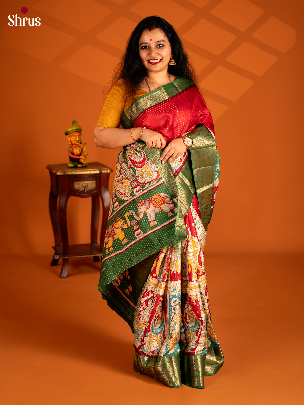 Red & green - Semi Tussar Saree - Shop on Shrus.com