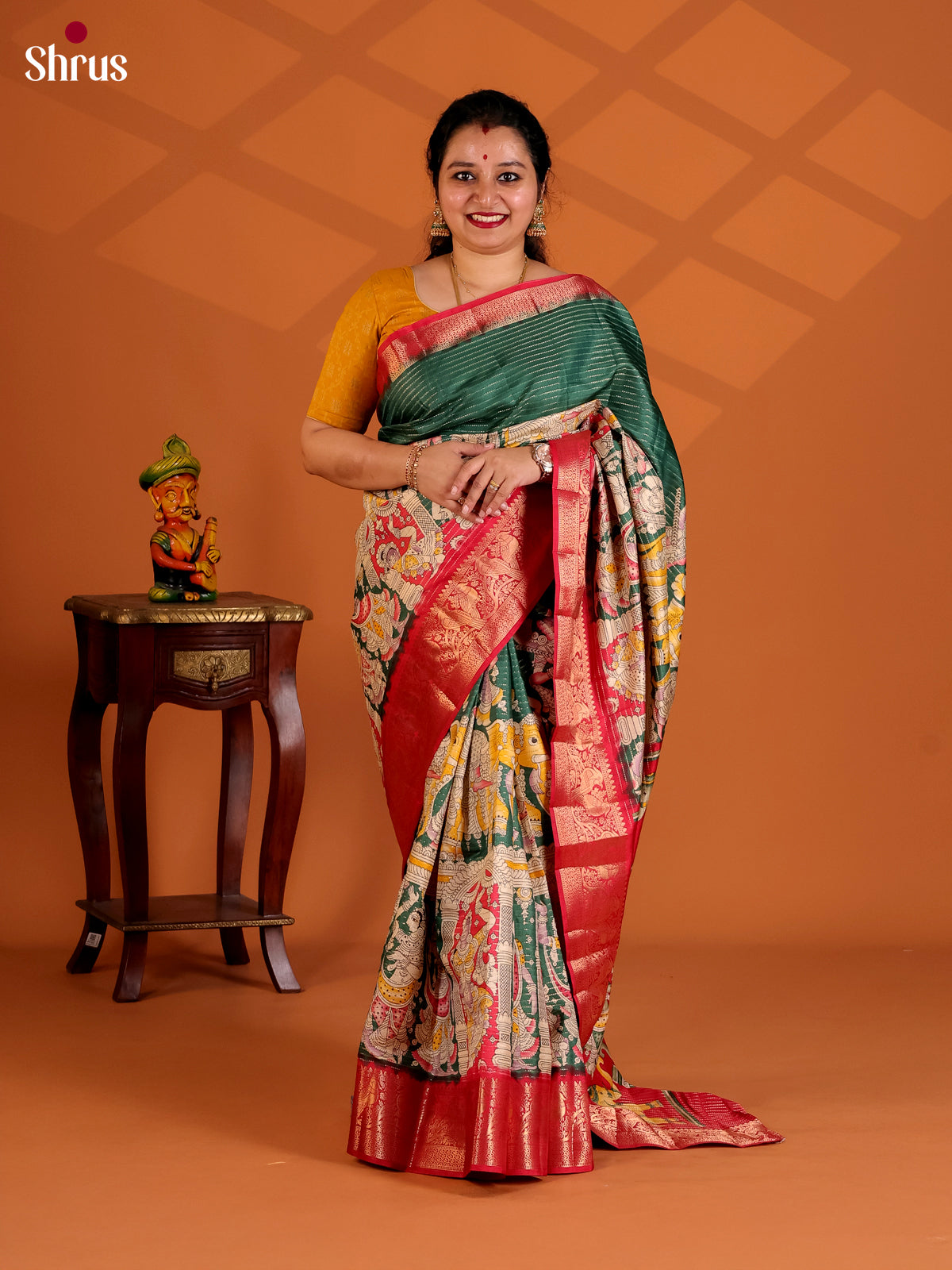 Green & Red - Semi Tussar Saree - Shop on Shrus.com