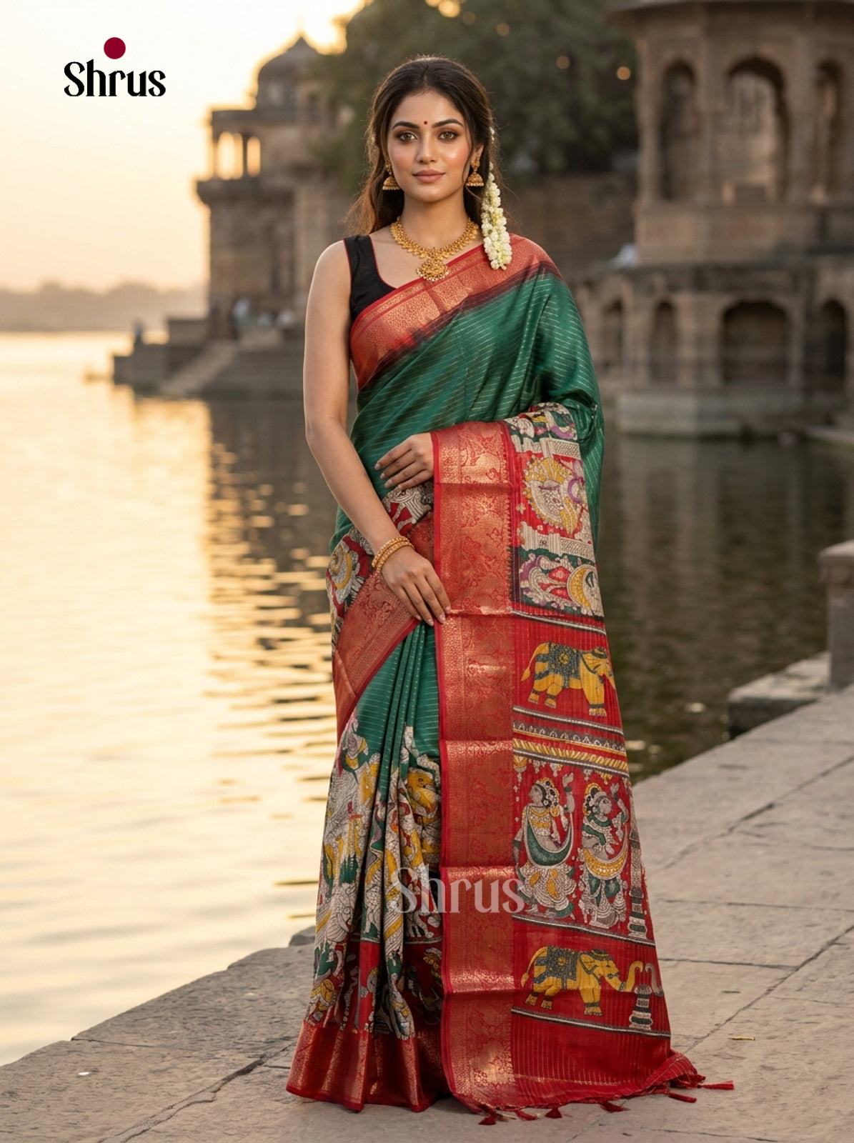 Green & Red - Semi Tussar Saree