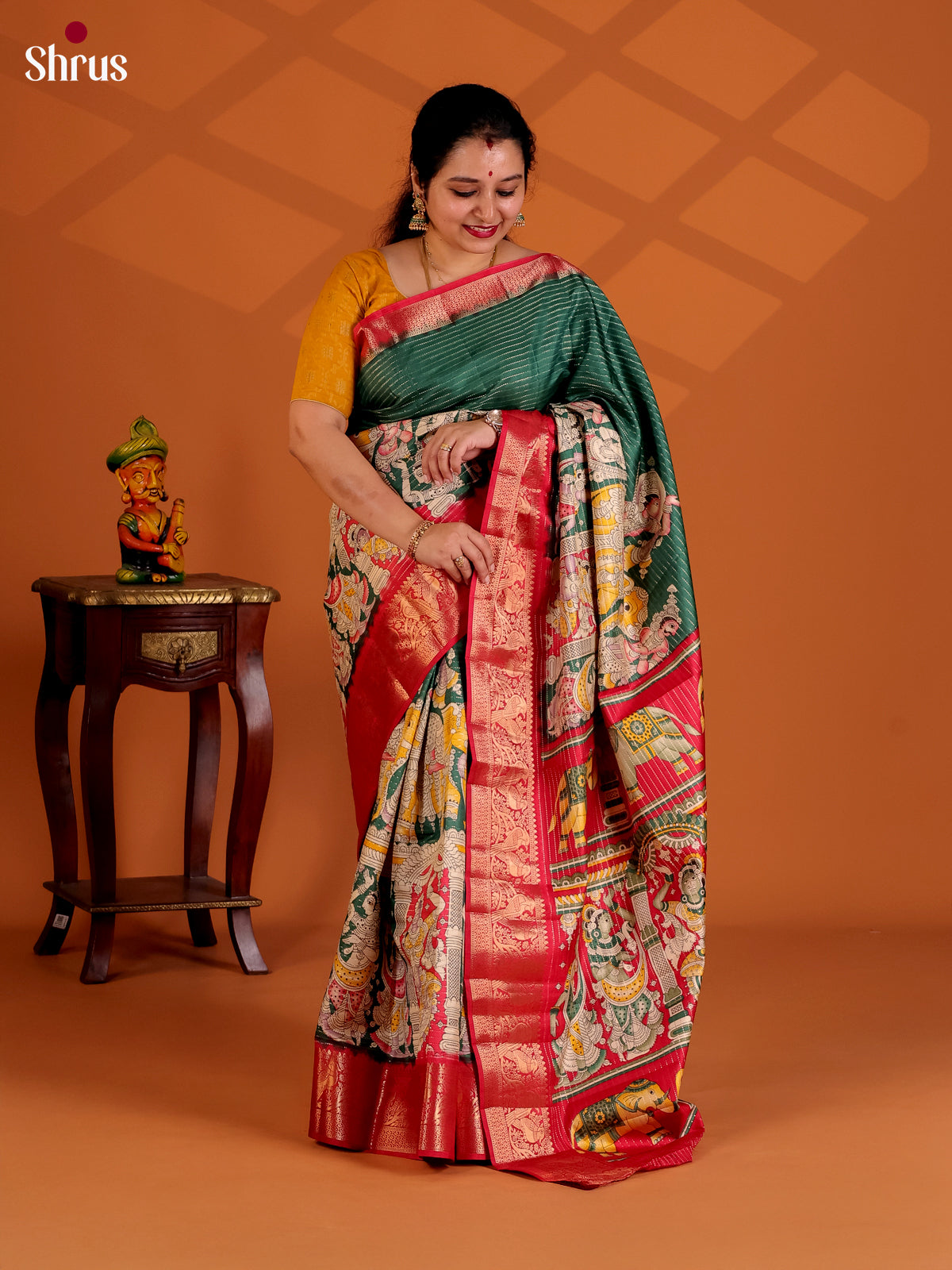 Green & Red - Semi Tussar Saree - Shop on Shrus.com