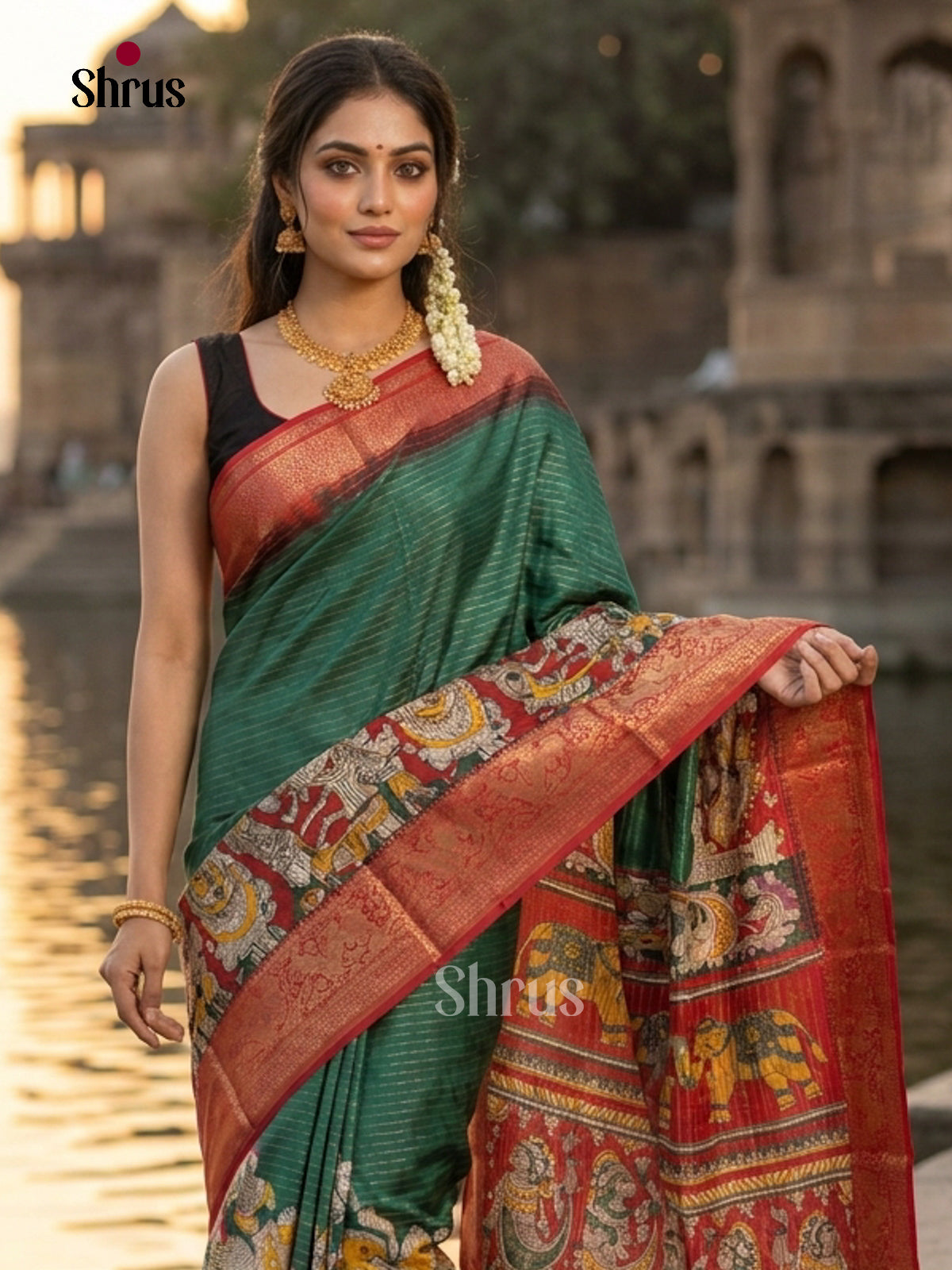 Green & Red - Semi Tussar Saree