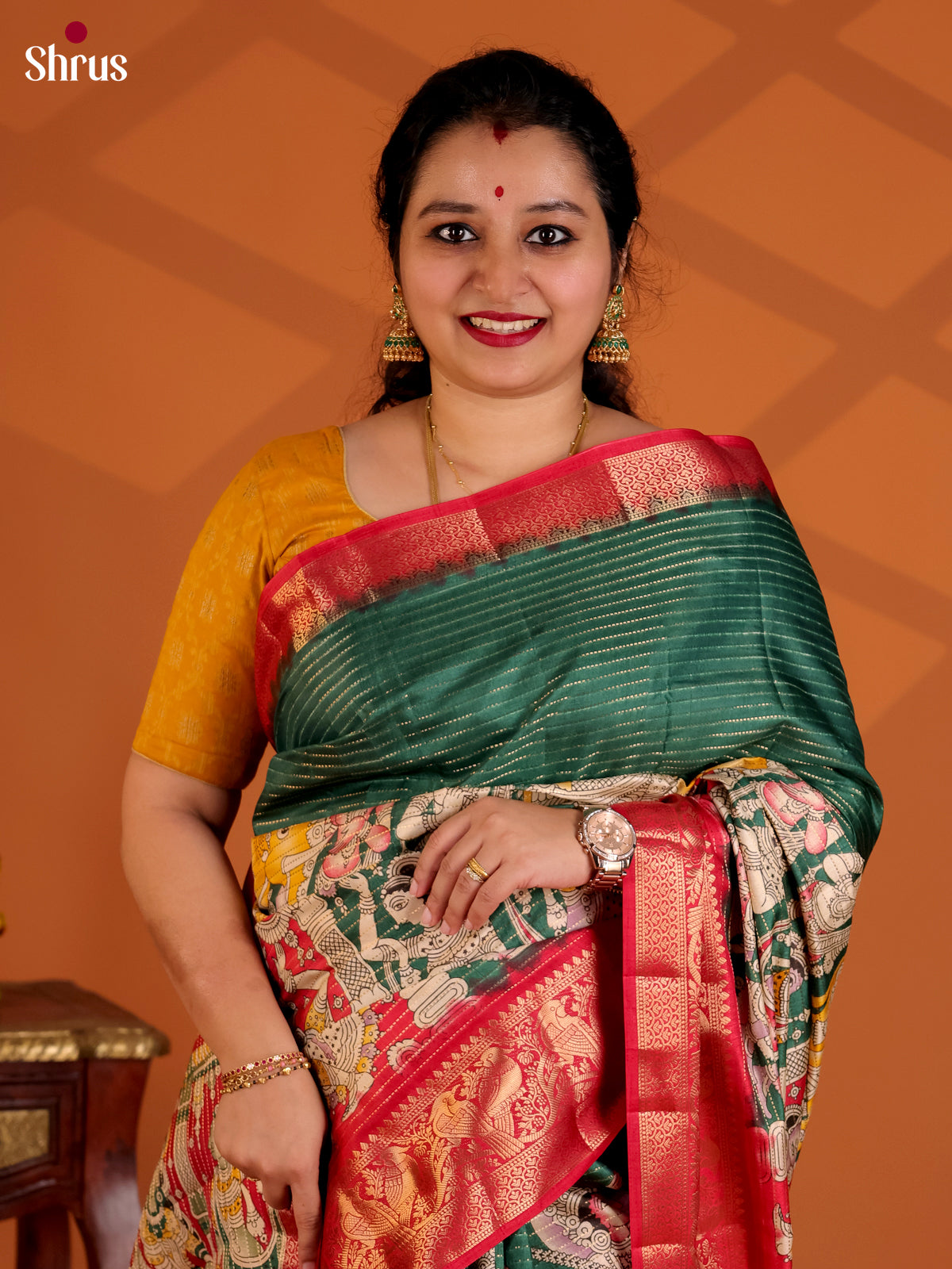 Green & Red - Semi Tussar Saree - Shop on Shrus.com