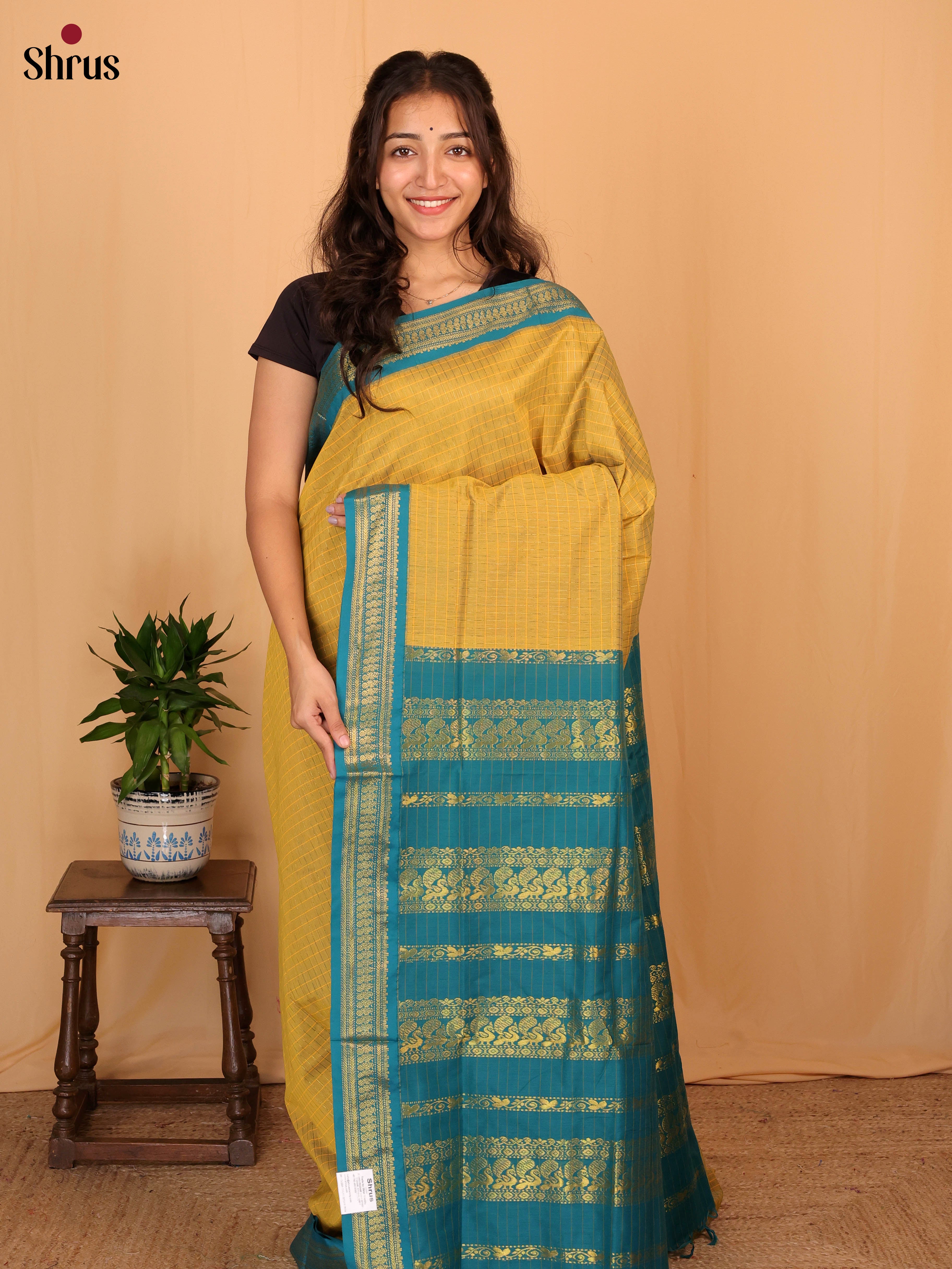 Mustard & Blue - Kalyani Cotton Saree - Shop on Shrus.com