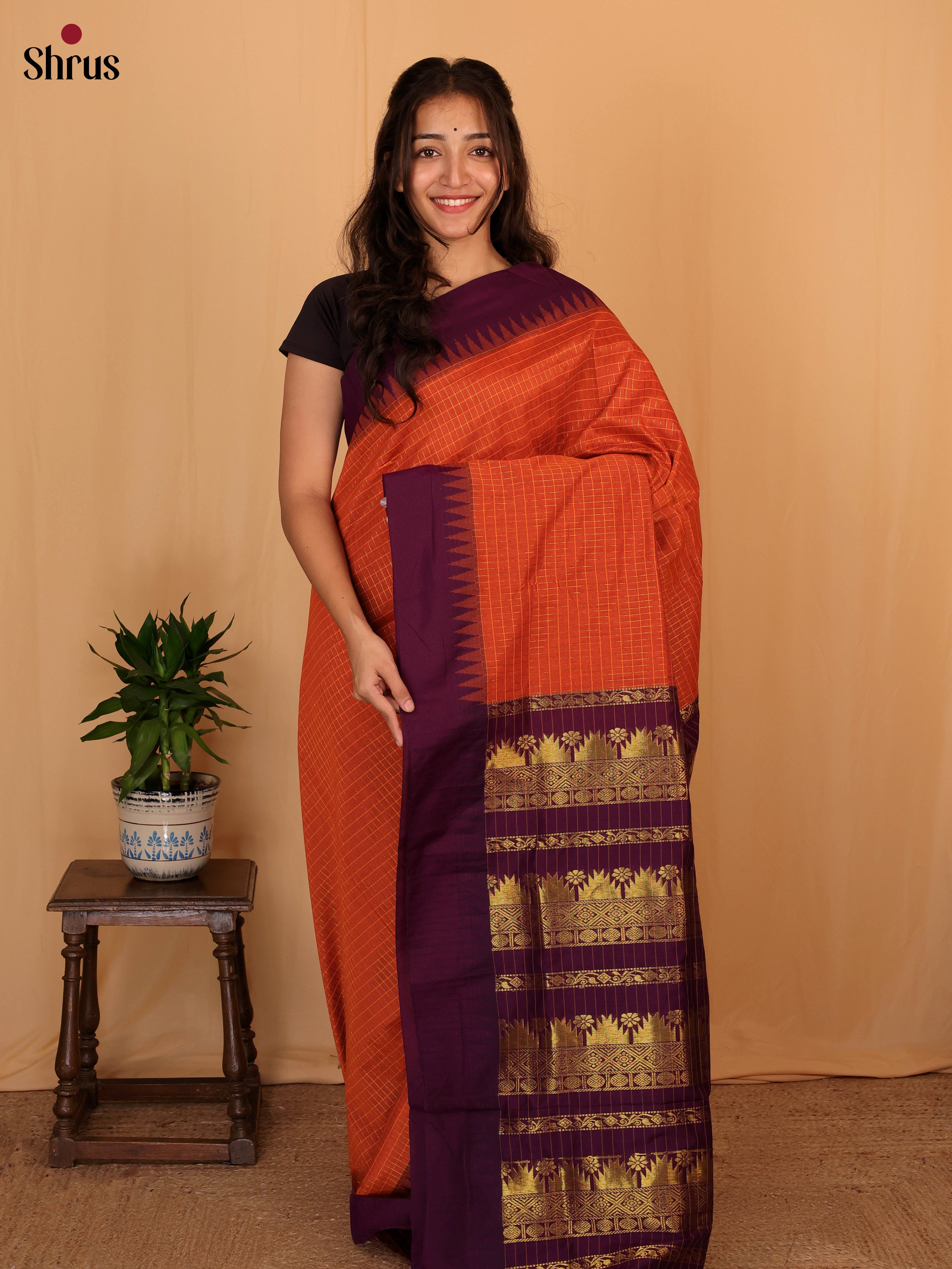Orange & Purple - Kalyani Cotton Saree - Shop on Shrus.com