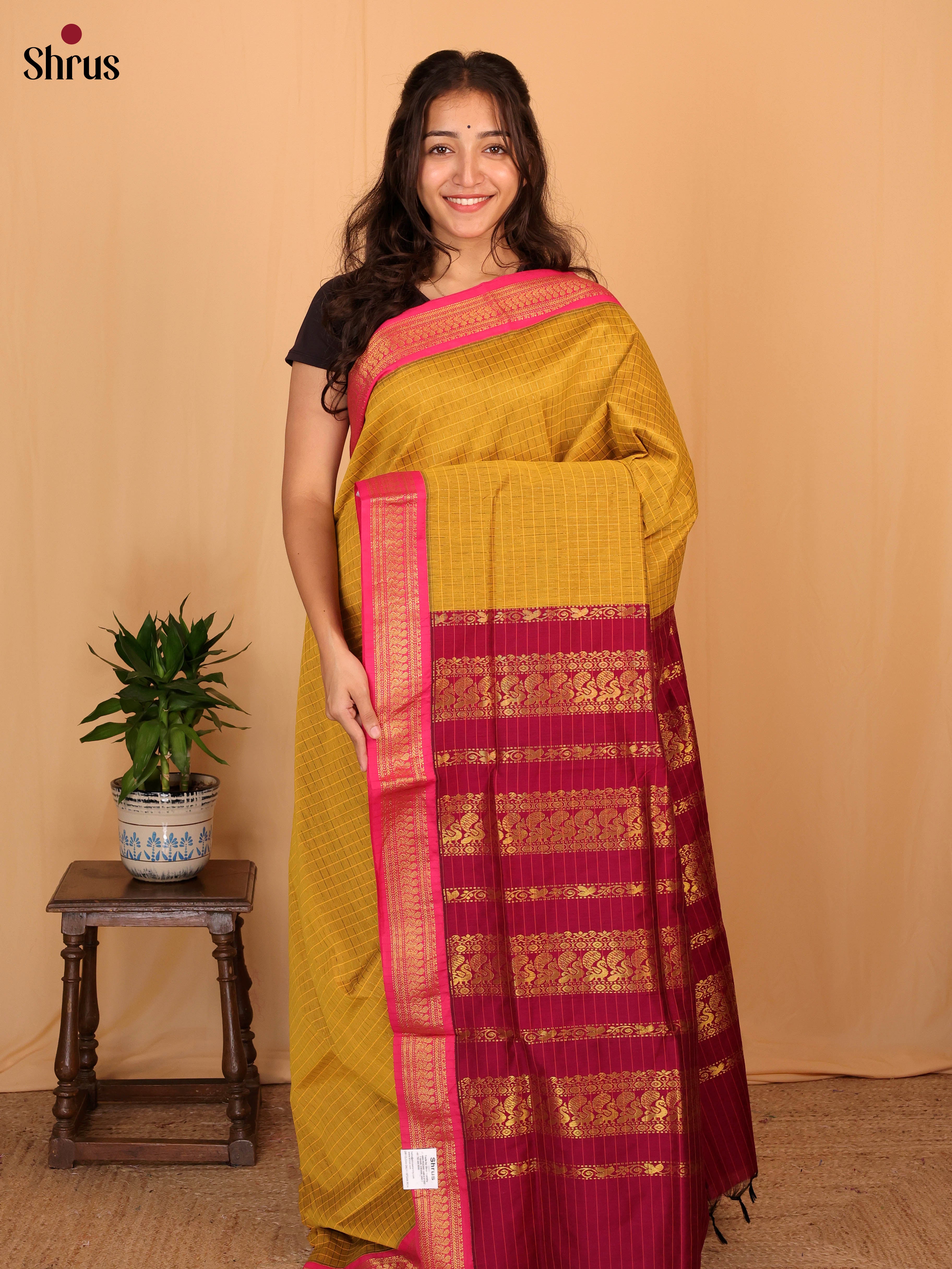 Mustard & Maroon - Kalyani Cotton Saree - Shop on Shrus.com
