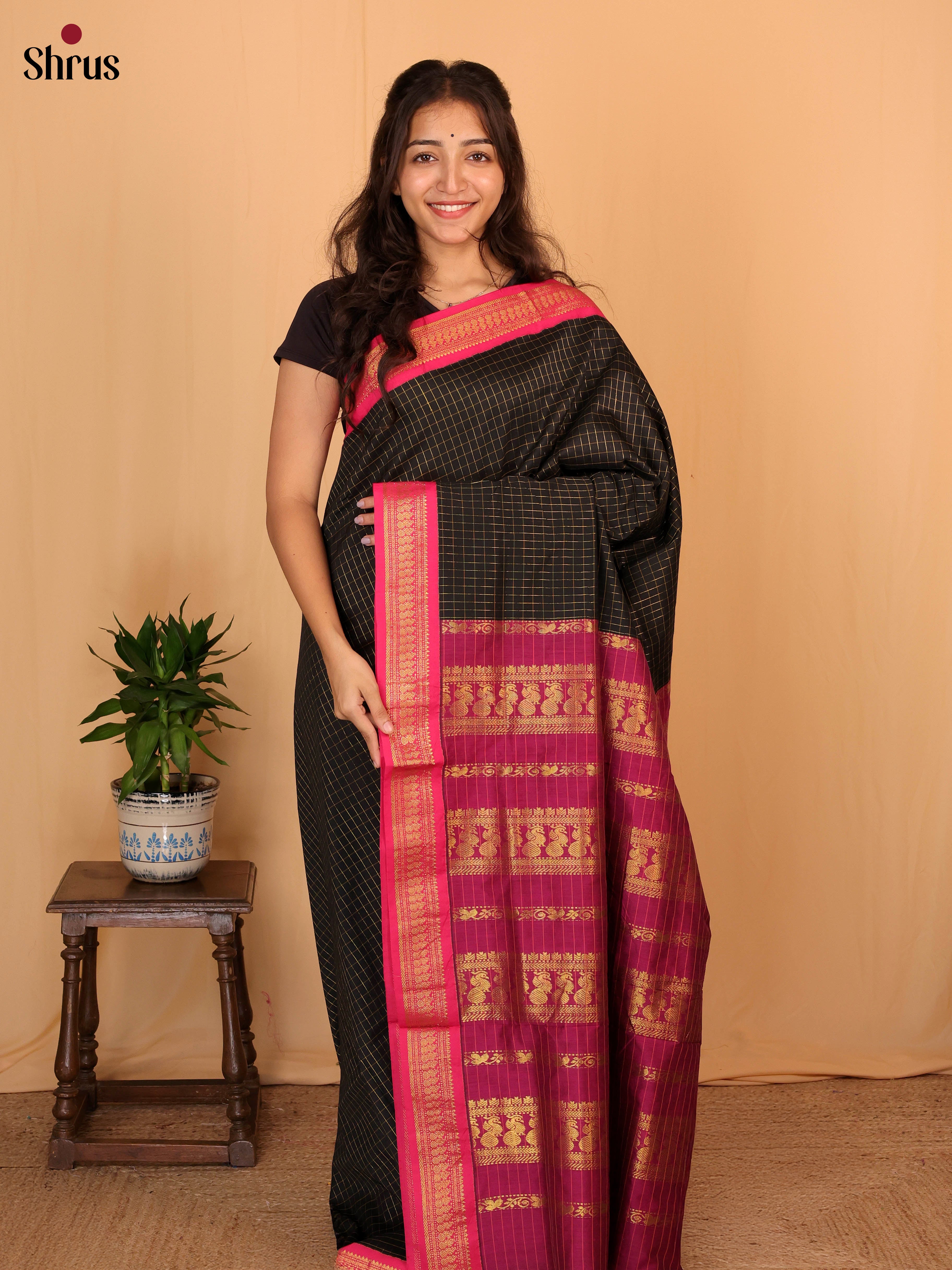 Black & Pink - Kalyani Cotton Saree - Shop on Shrus.com