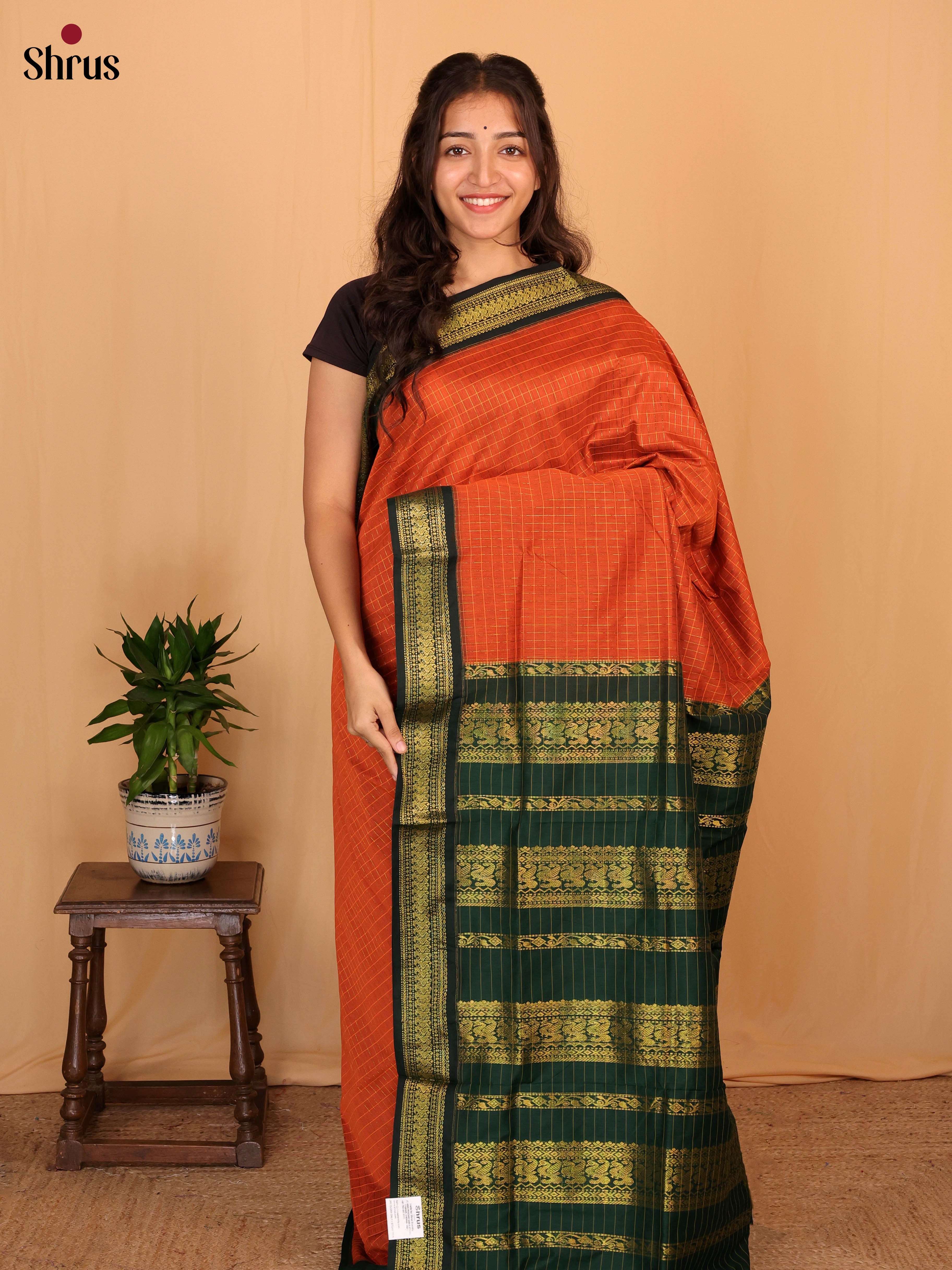 Orange & Green - Kalyani Cotton Saree - Shop on Shrus.com