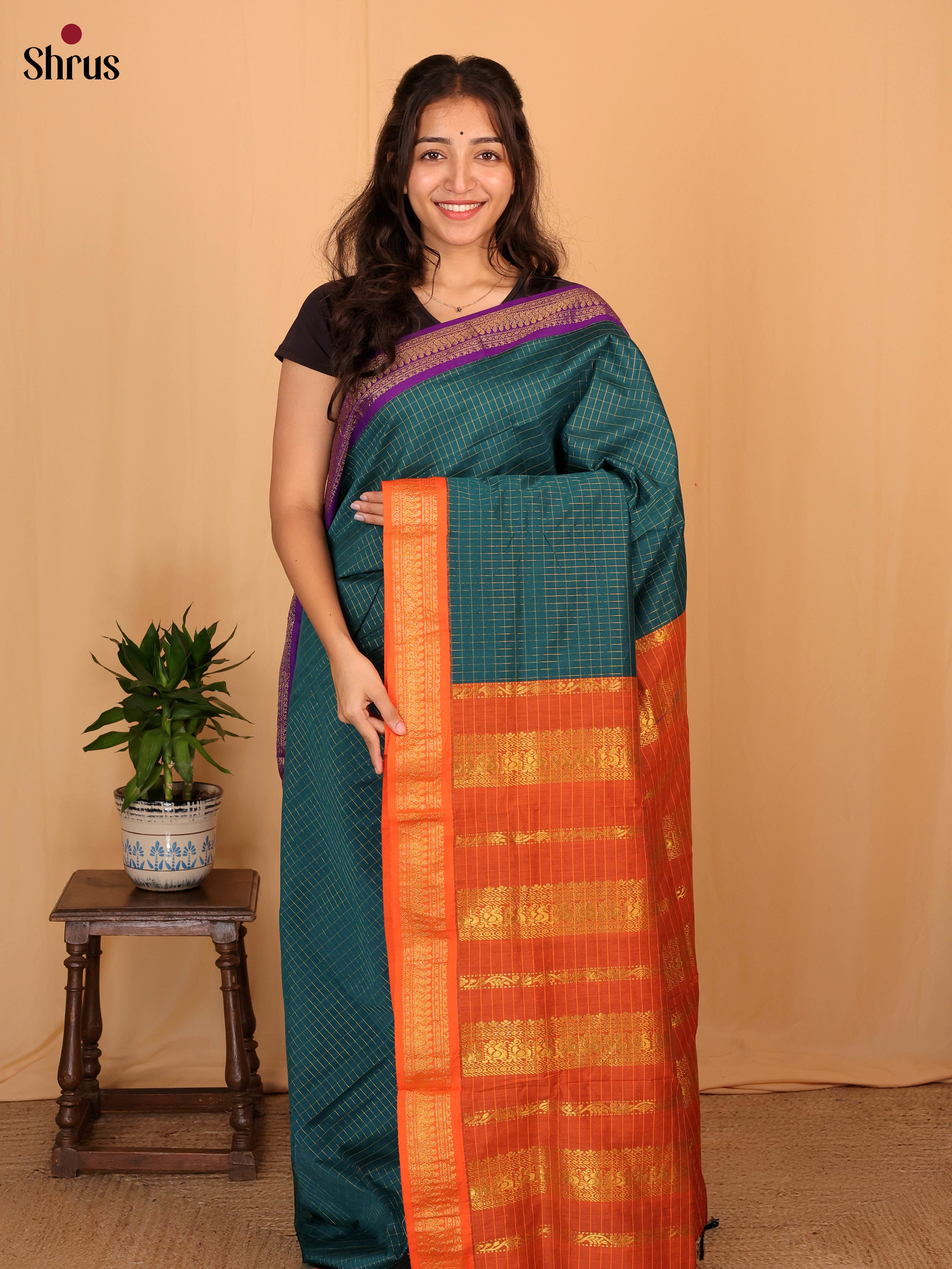 Peacock Green & Orange - Kalyani Cotton Saree - Shop on Shrus.com