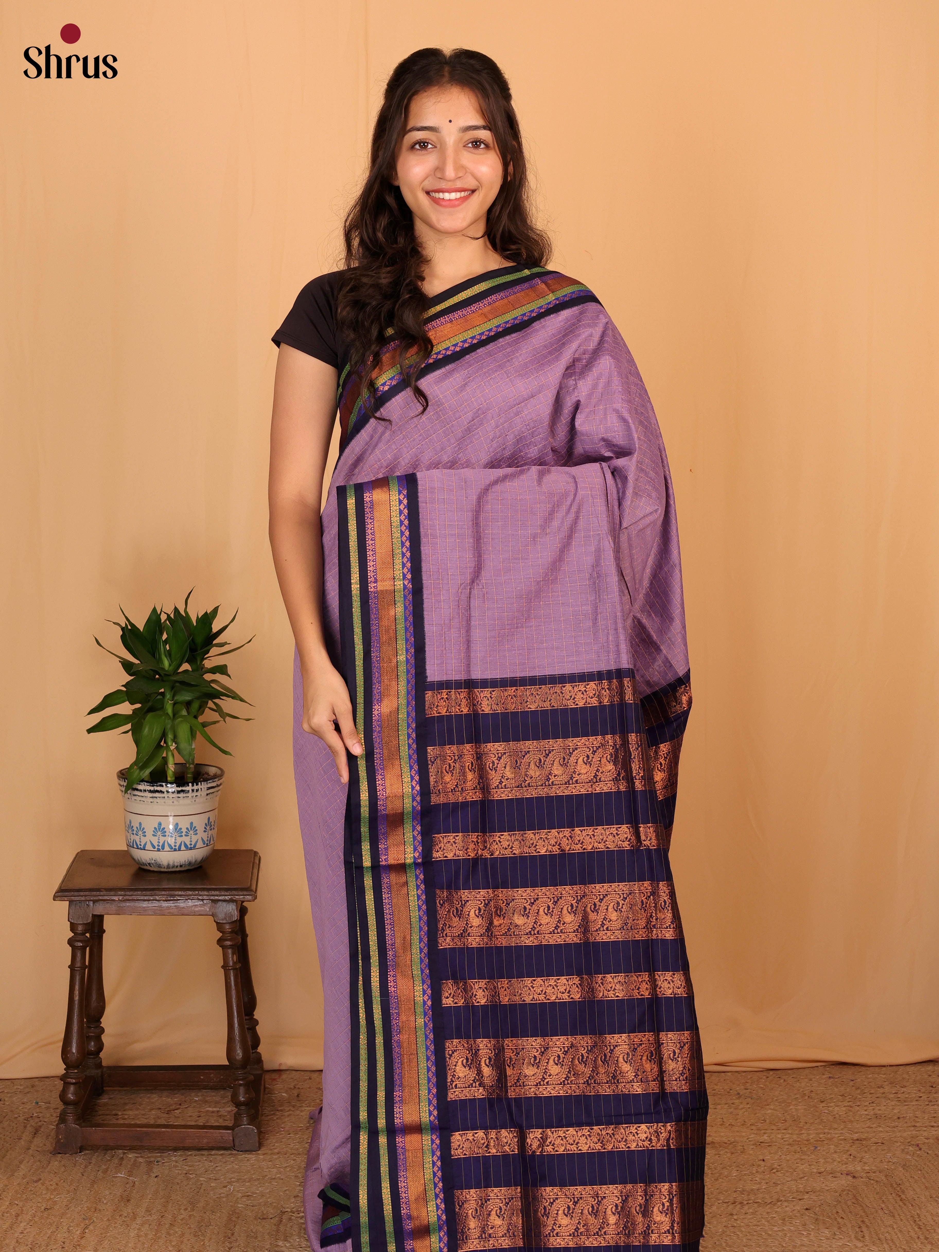 Lavender & Dark Blue - Kalyani Cotton Saree - Shop on Shrus.com