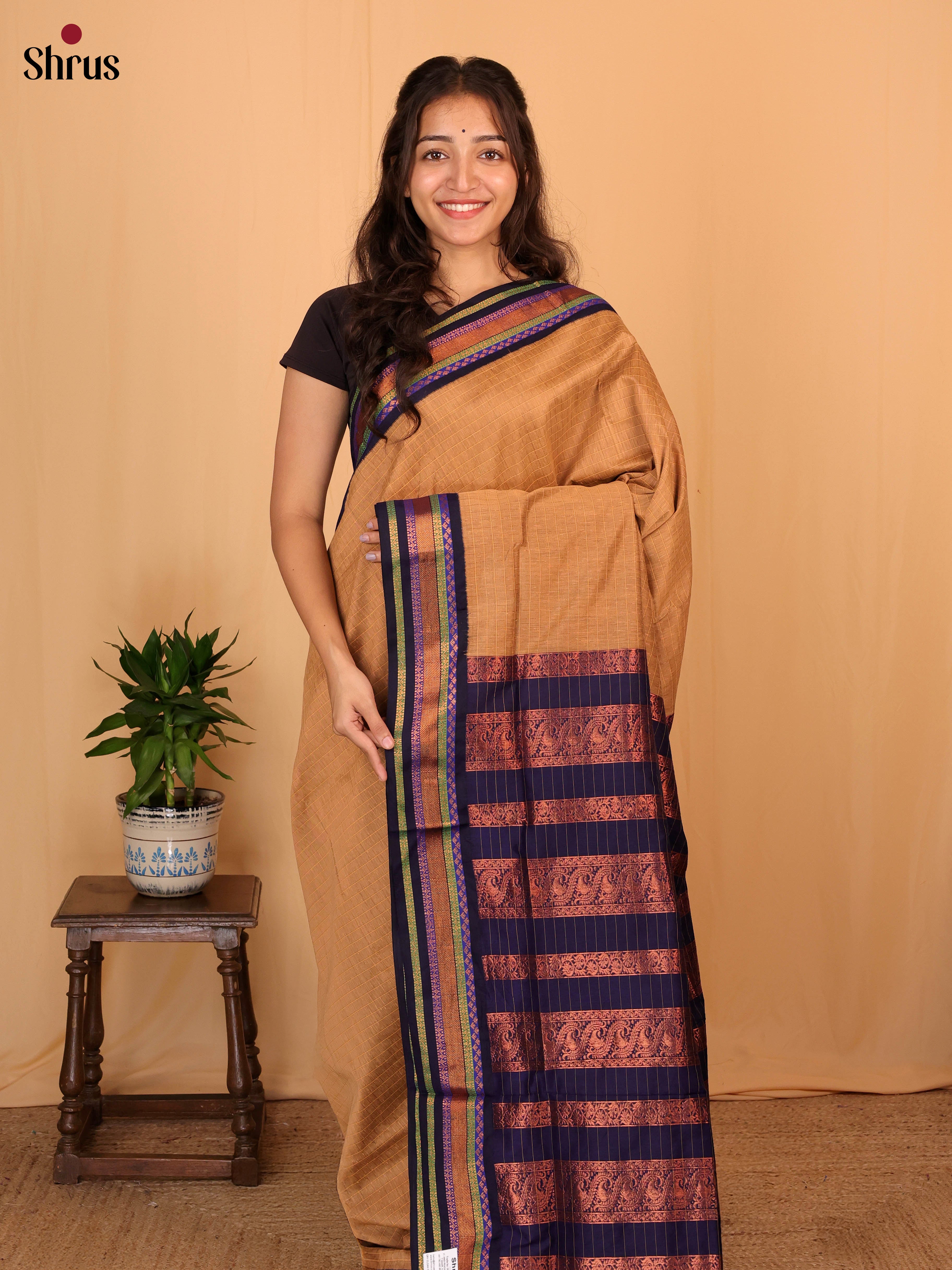 Golden Yellow & Blue - Kalyani Cotton Saree - Shop on Shrus.com