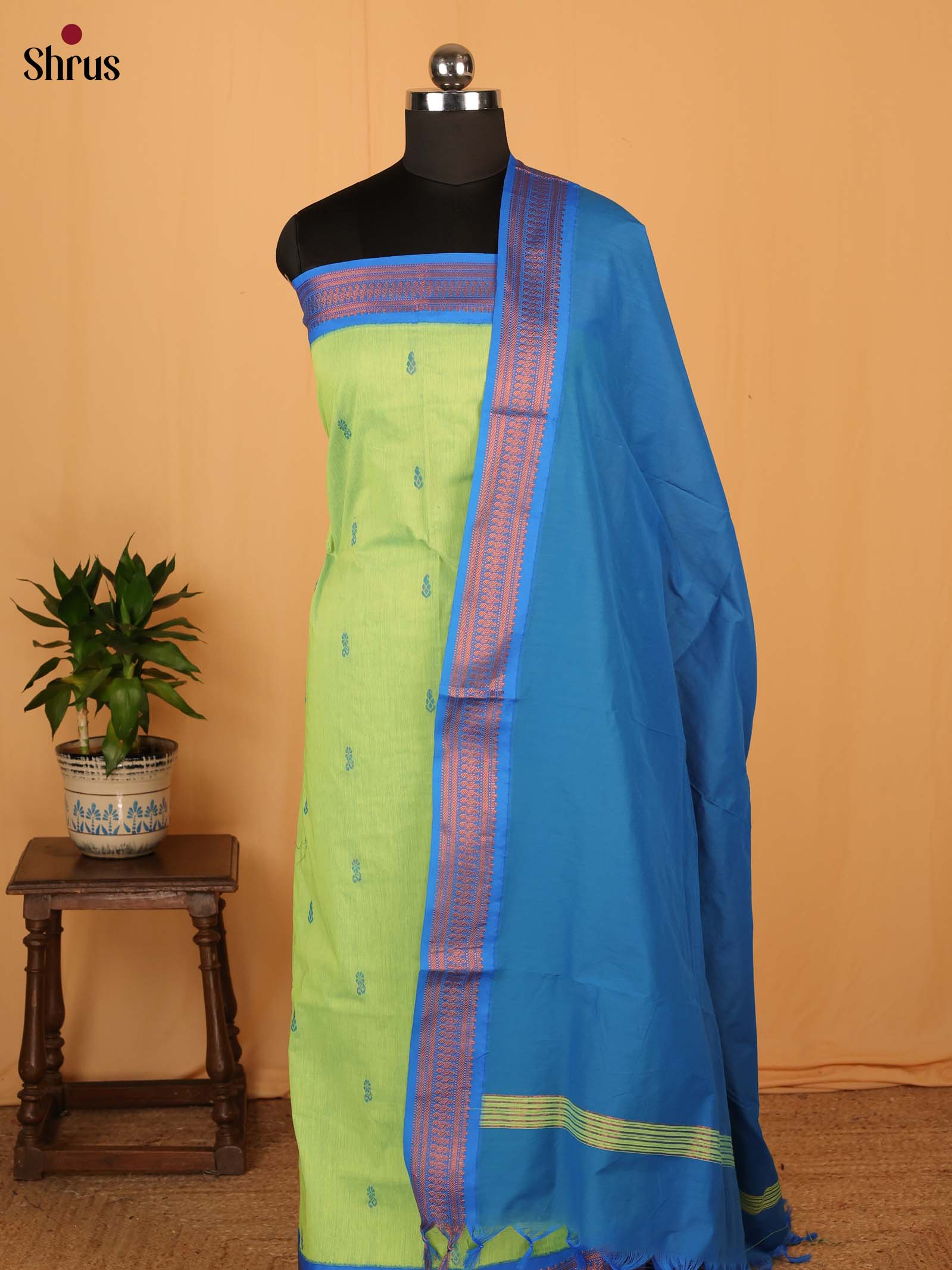 Pista Green & Blue - Kalyani Cotton salwar unstitch - Shop on Shrus.com