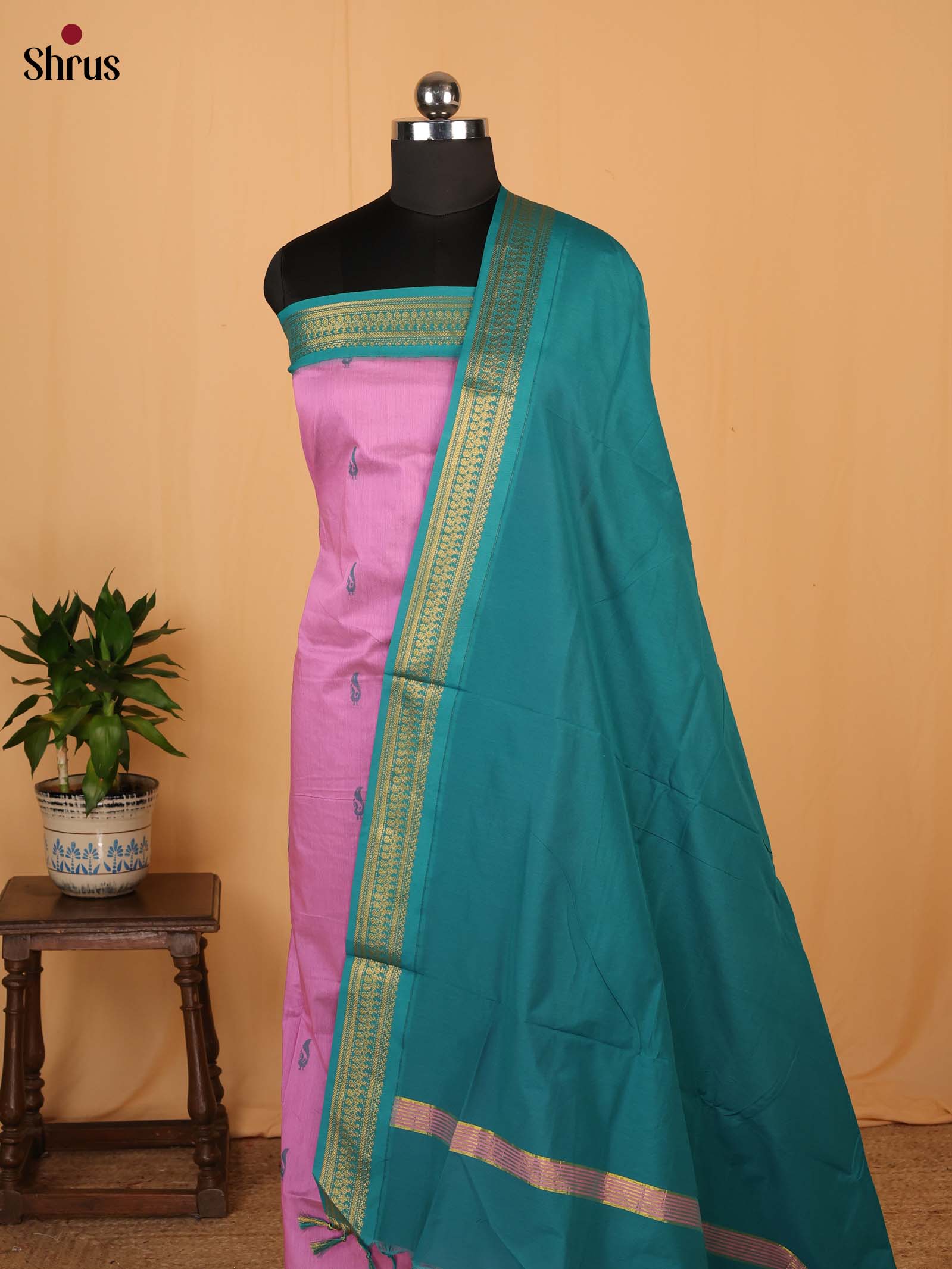 Pink & Green - Kalyani Cotton salwar unstitch - Shop on Shrus.com