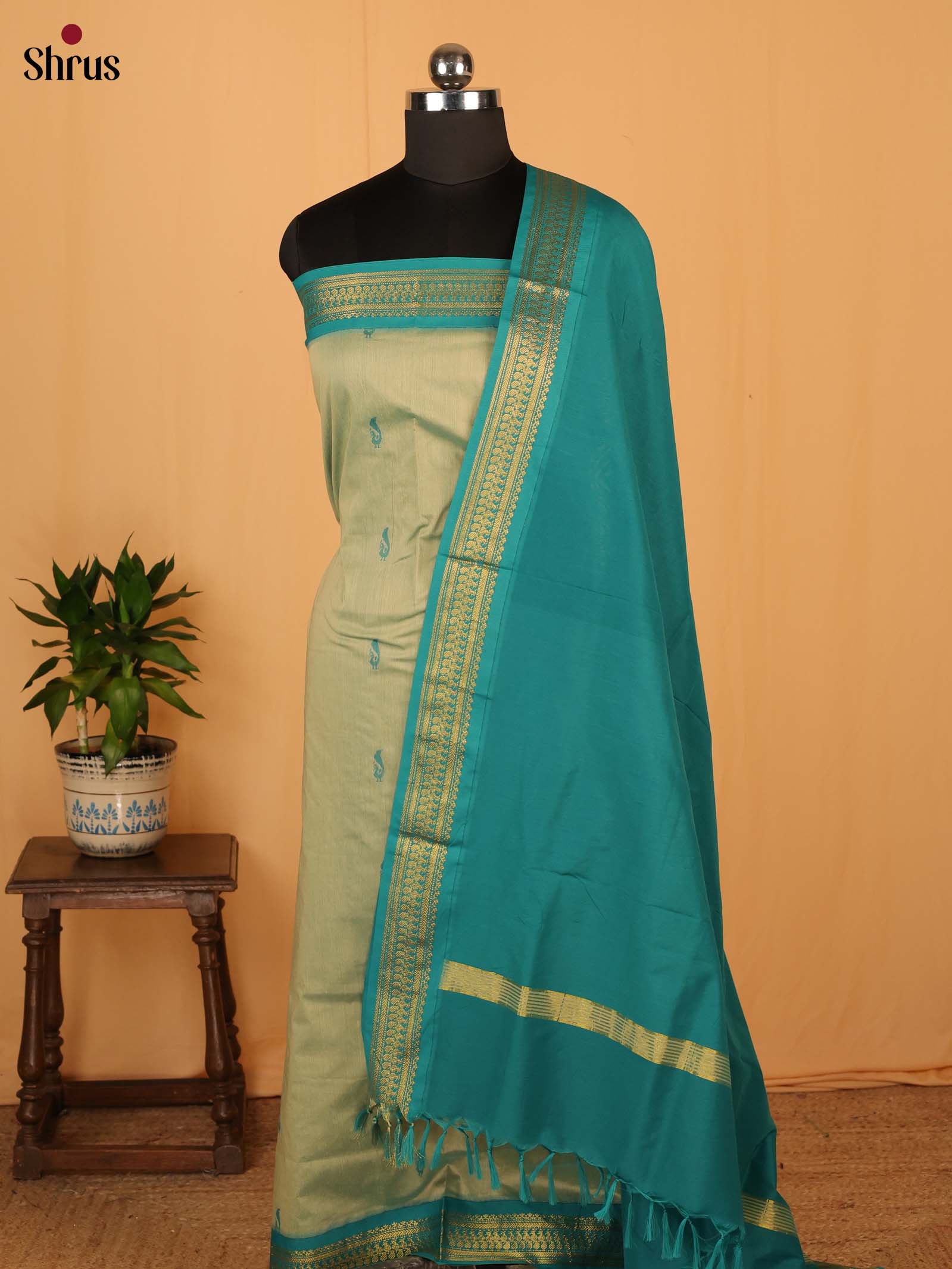Light Green & Green - Kalyani Cotton unstitched Top & Dupatta - CLS05043 - Shop on Shrus.com