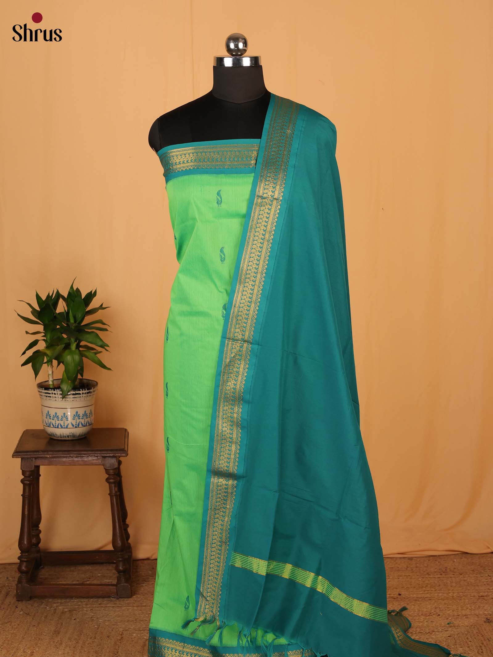 Lite Green & Green - Kalyani Cotton salwar unstitch - Shop on Shrus.com