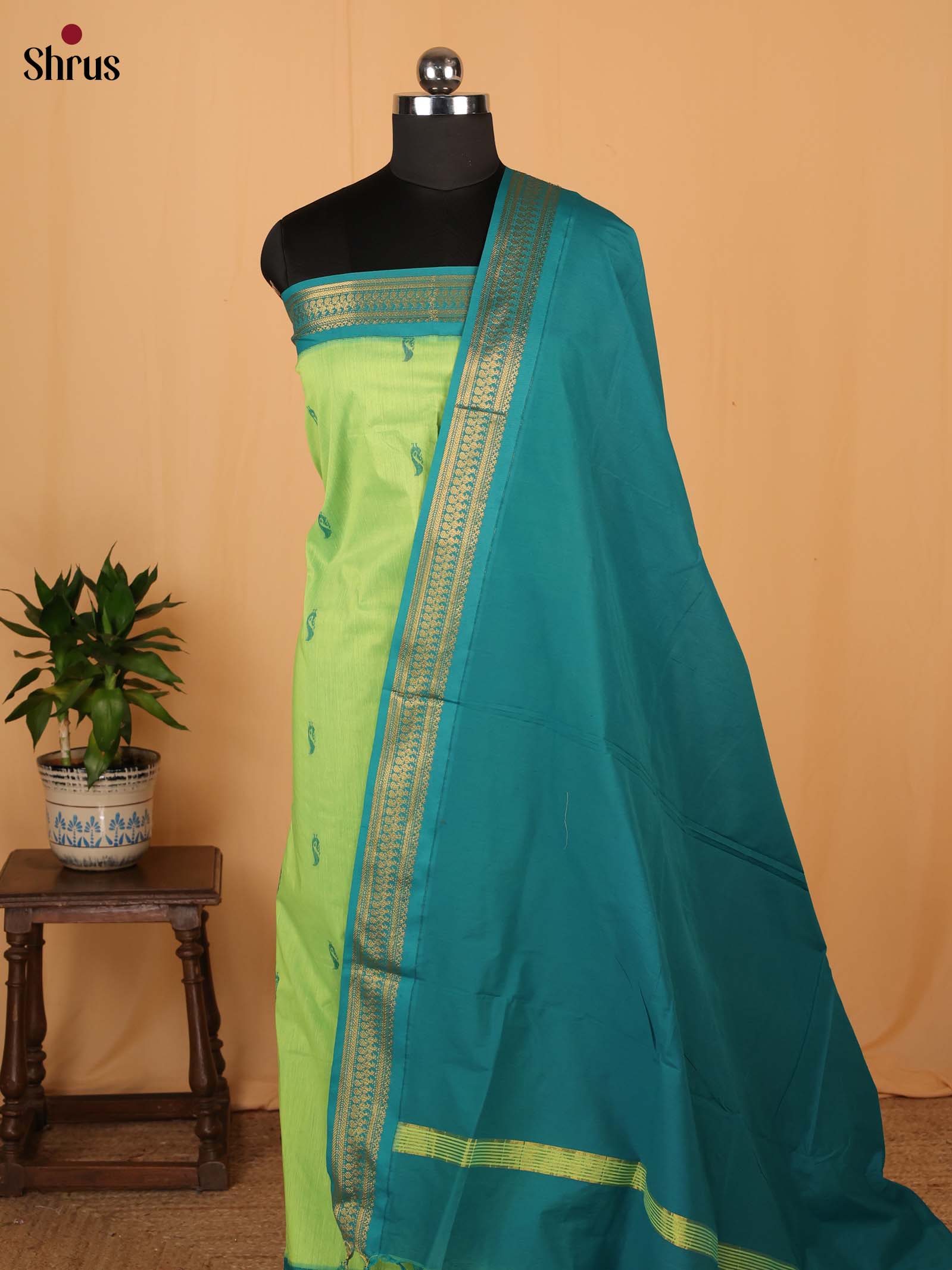 Pista Green & Green - Kalyani Cotton Unstitched Top & Dupatta - CLS05050 - Shop on Shrus.com