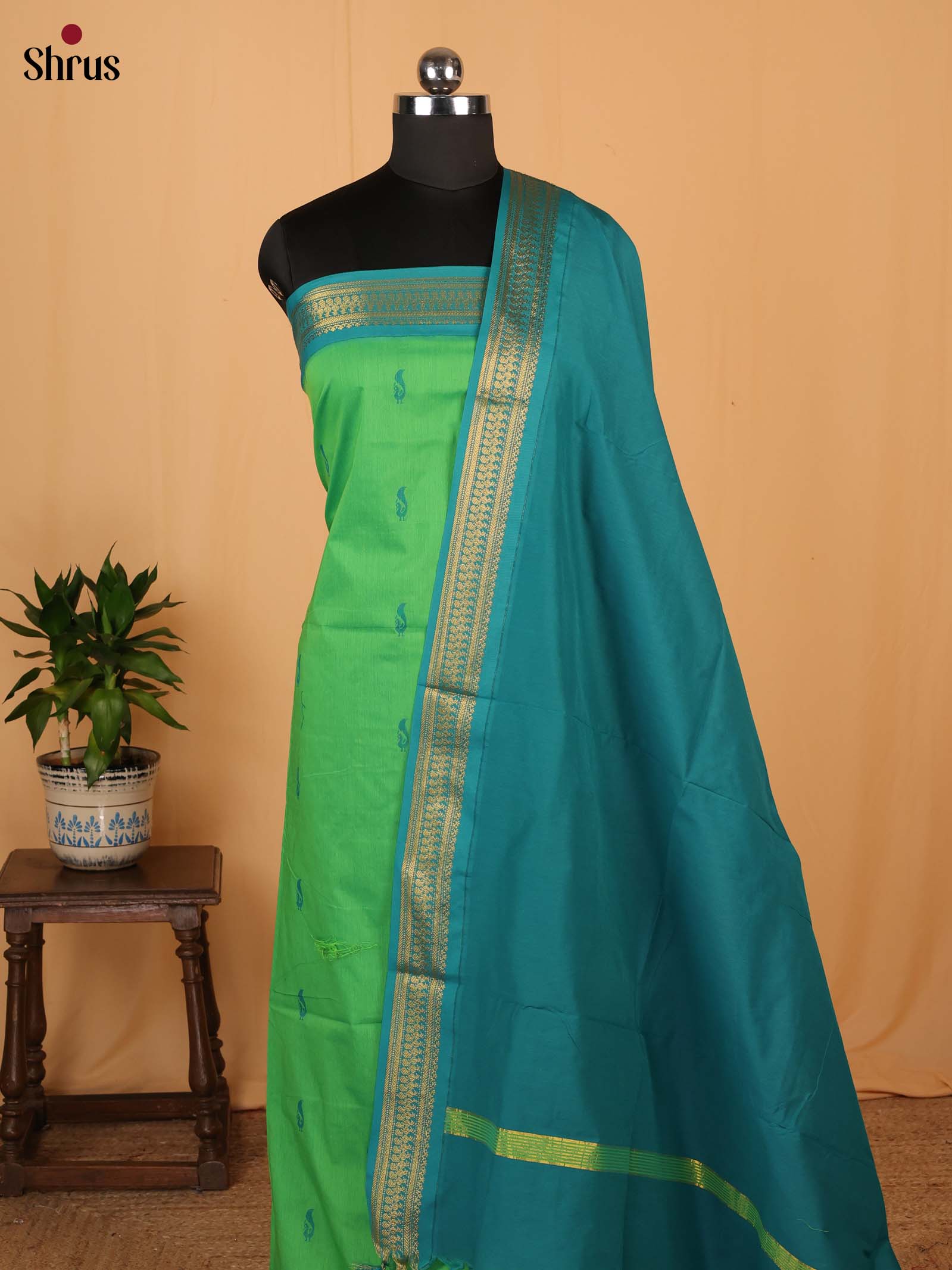 Lite Green & Green - Kalyani Cotton salwar unstitch - Shop on Shrus.com