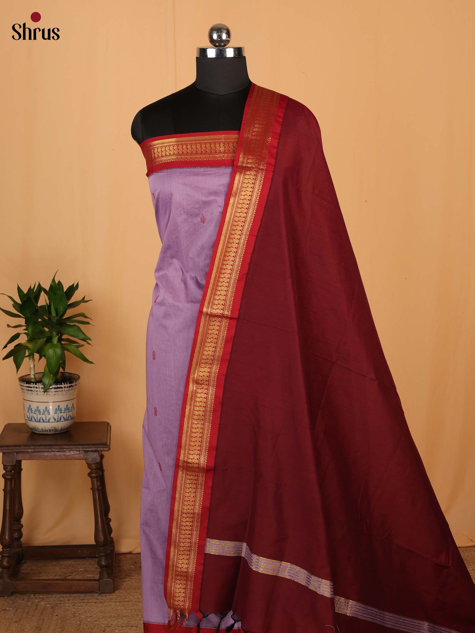 Lavender & Maroon - Kalyani Cotton Unstitched Top & Dupatta- CLS05053 - Shop on Shrus.com