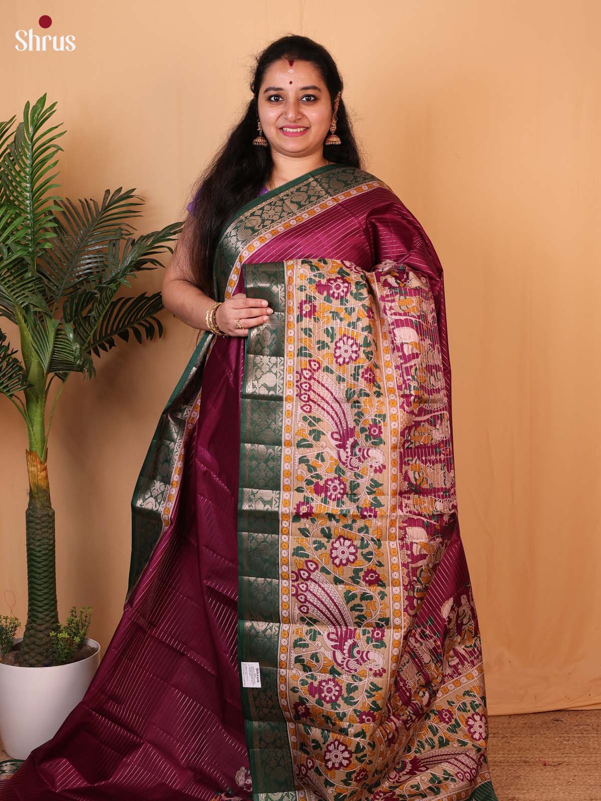 Wine & Green - Printed Semi Tussar Saree - Shop on Shrus.com