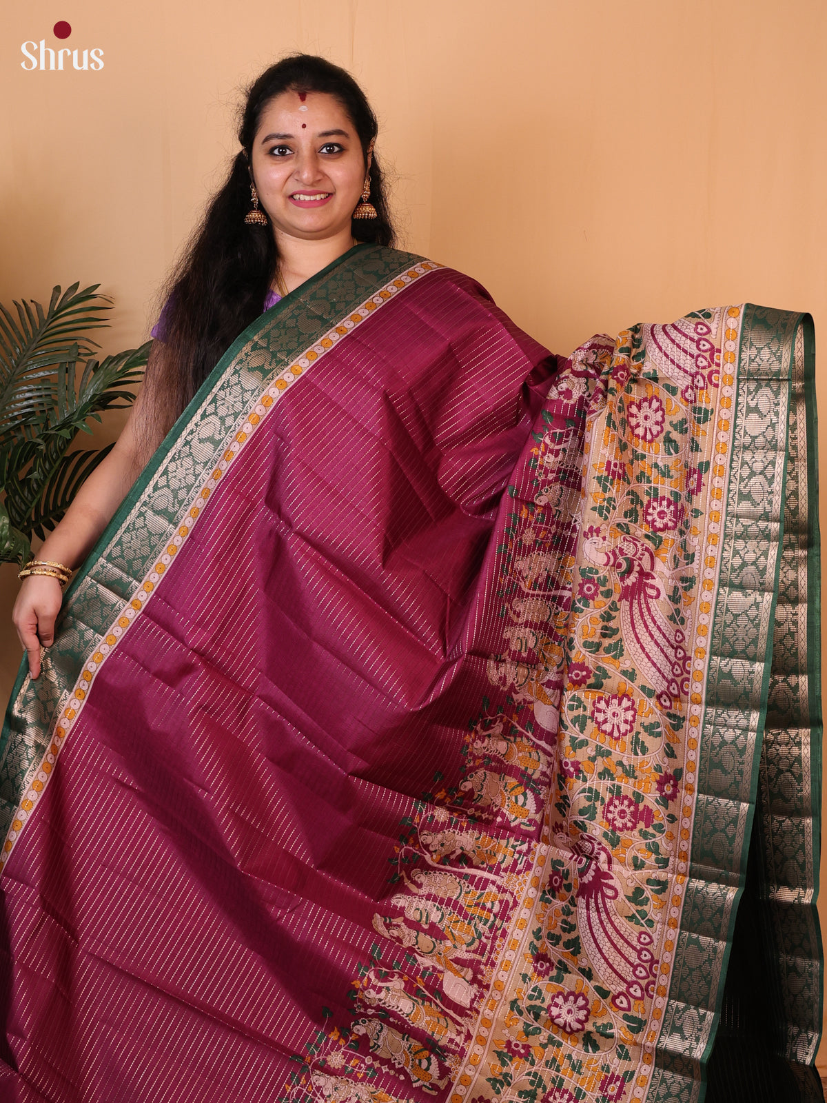 Wine & Green - Printed Semi Tussar Saree - Shop on Shrus.com