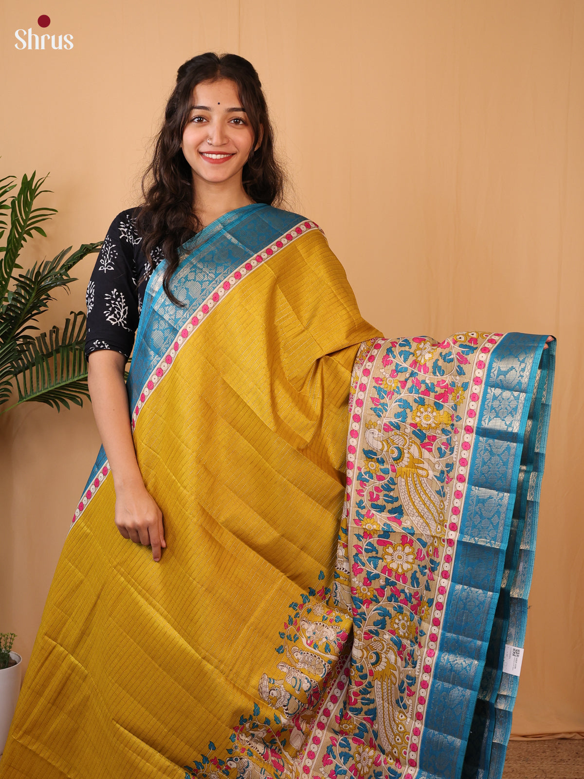 Mustard & Blue - Printed Semi Tussar Saree - Shop on Shrus.com