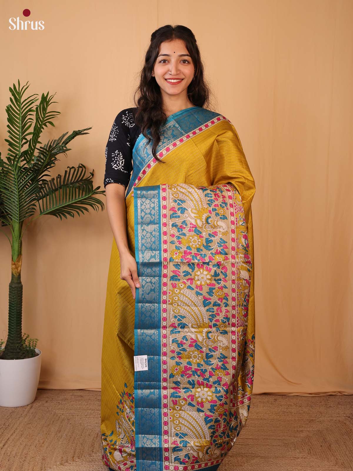 Mustard & Blue - Printed Semi Tussar Saree - Shop on Shrus.com