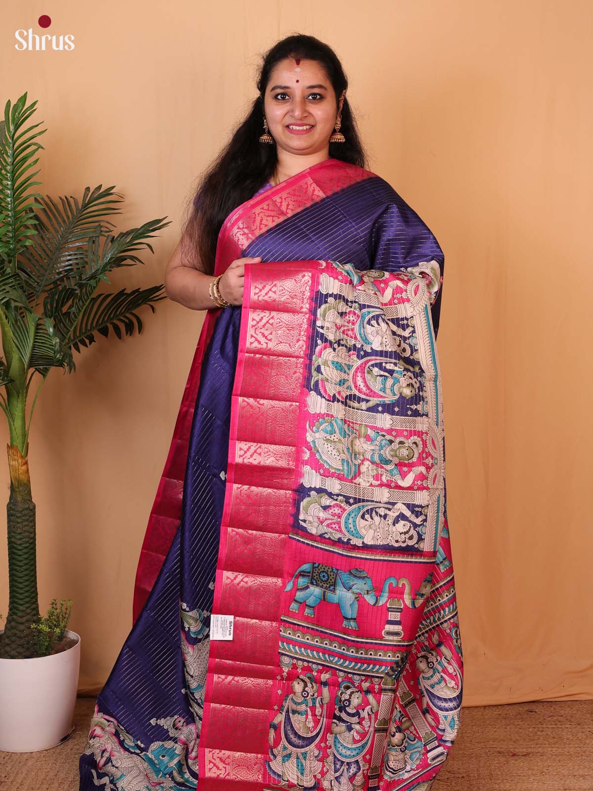 Blue & Red- Printed Semi Tussar Saree - Shop on Shrus.com