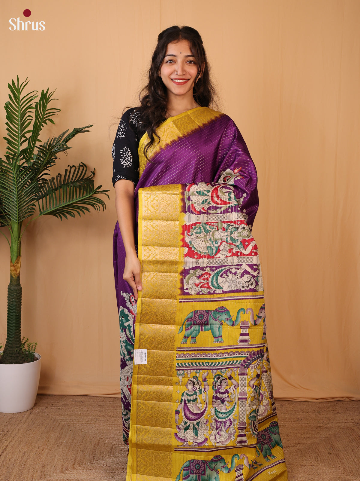 Purple & Yellow - Printed Semi Tussar Saree - Shop on Shrus.com