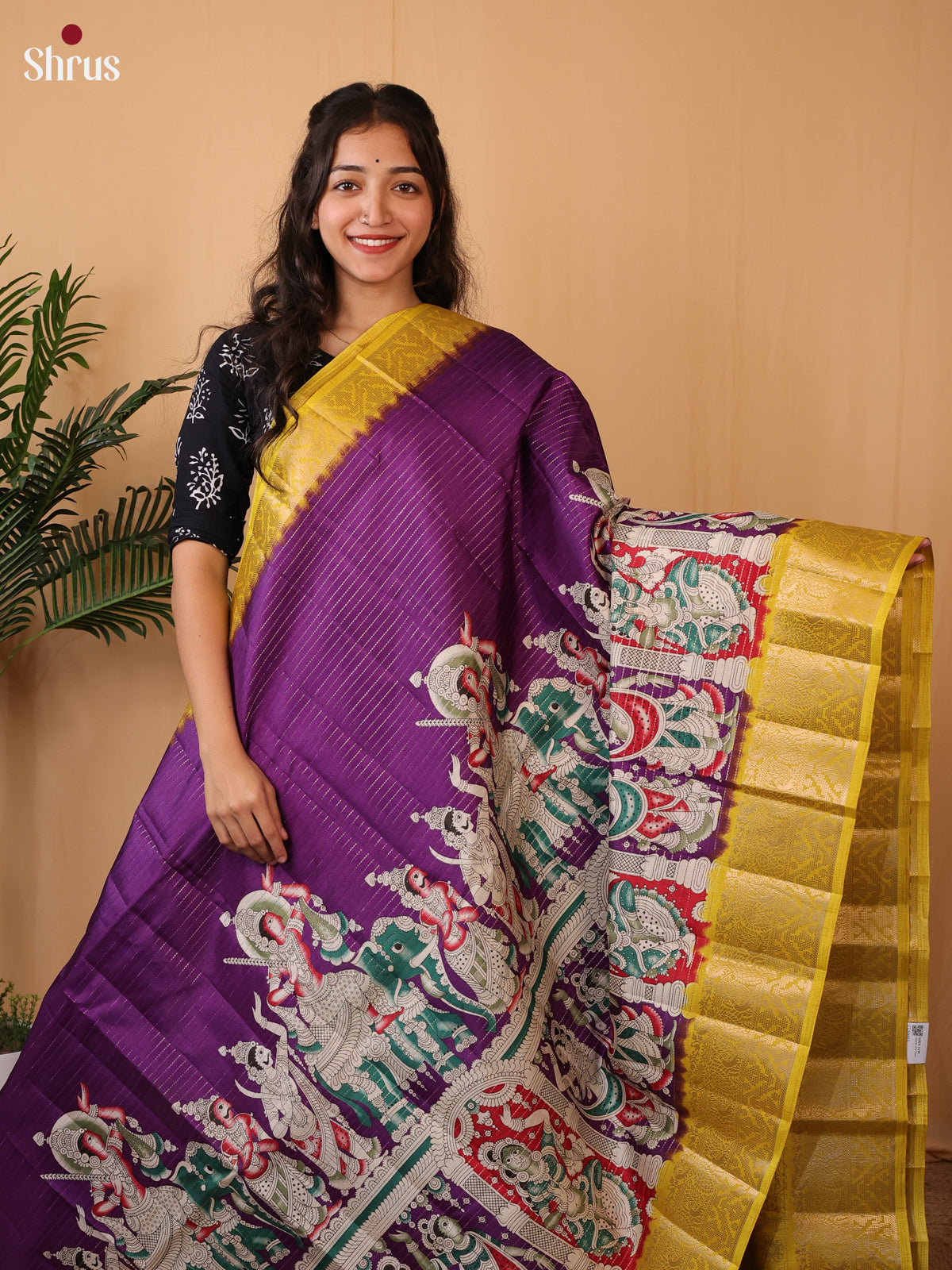 Purple & Yellow - Printed Semi Tussar Saree - Shop on Shrus.com
