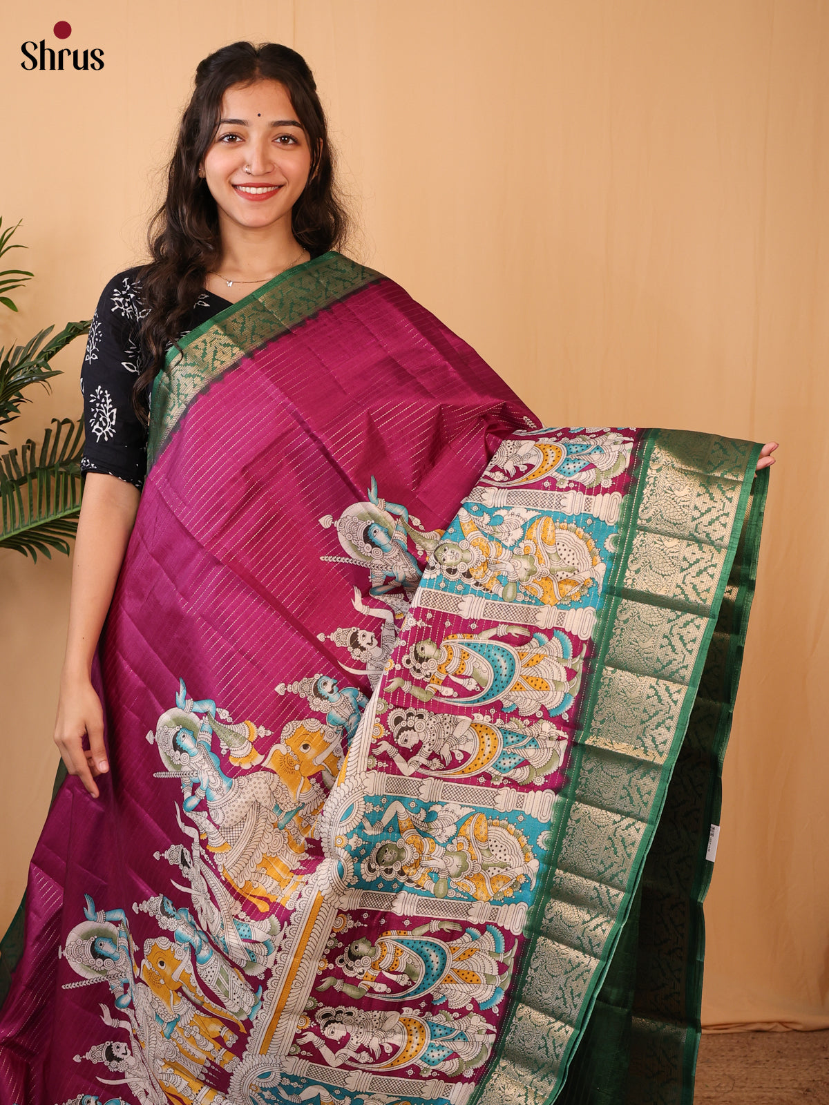 Wine & Green- Printed Semi Tussar Saree - Shop on Shrus.com