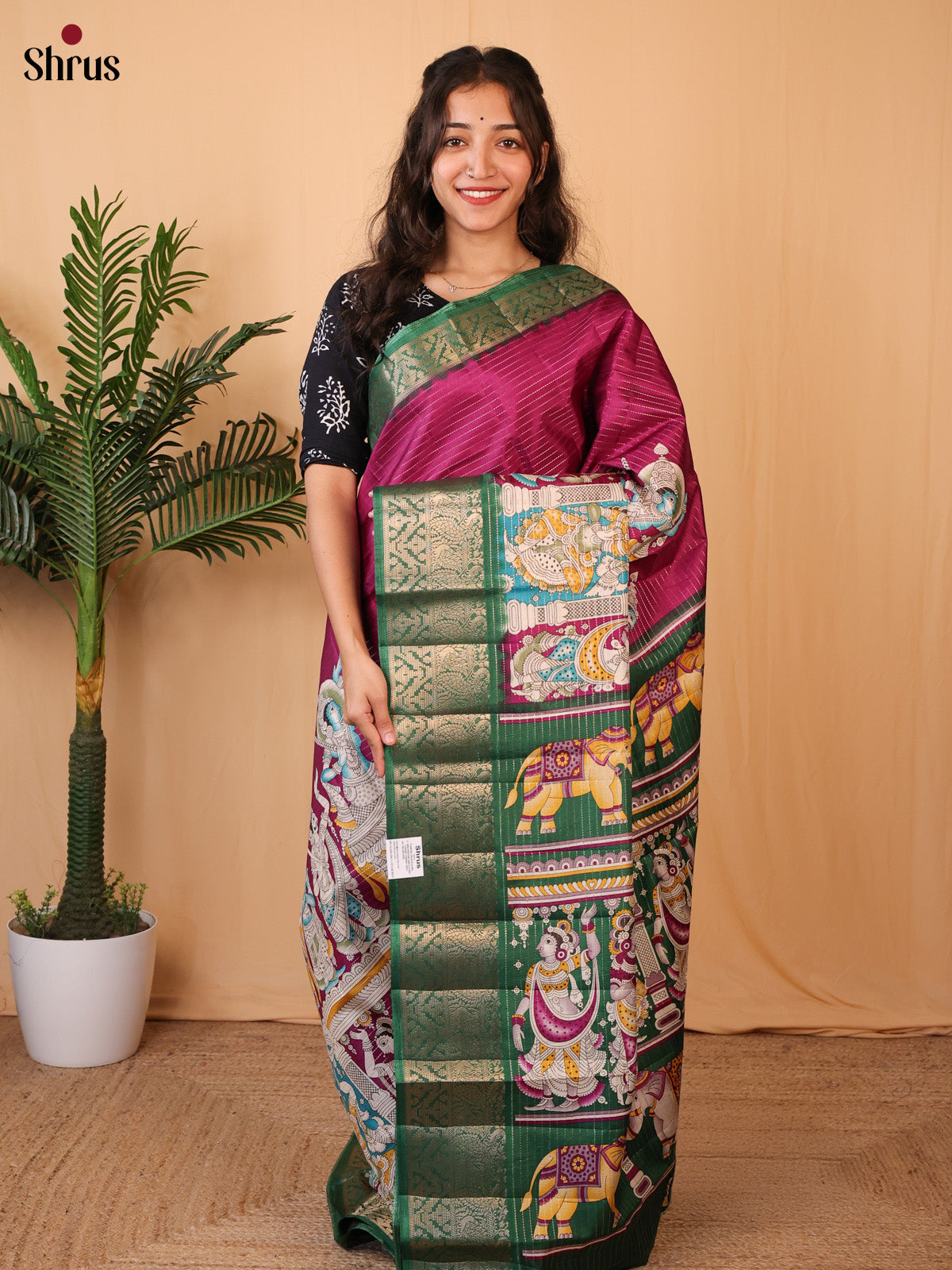 Wine & Green- Printed Semi Tussar Saree - Shop on Shrus.com