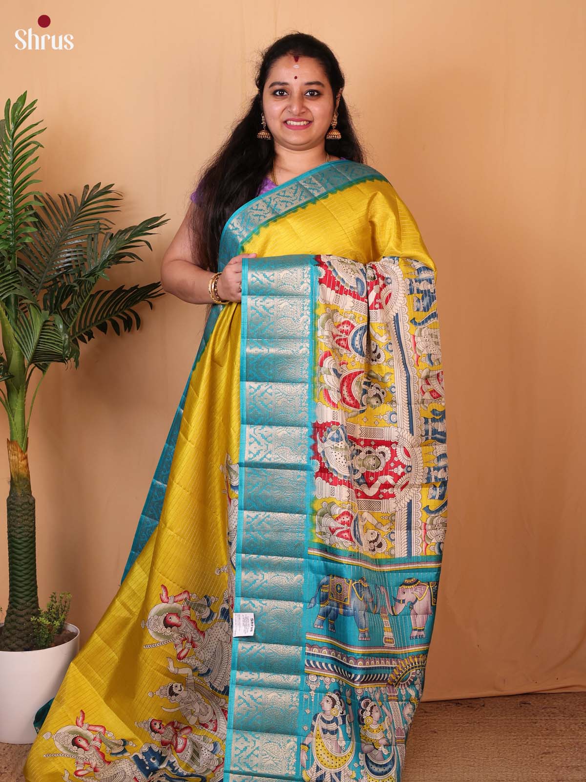 Yellow & Teal - Printed Semi Tussar Saree - Shop on Shrus.com