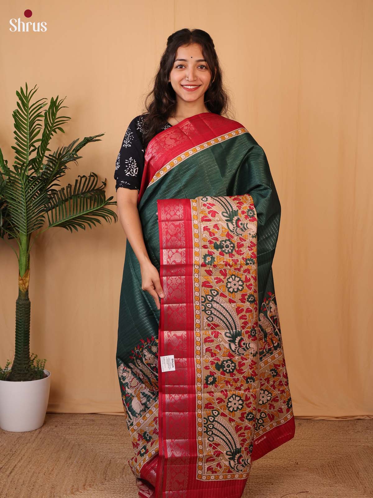 Green & Red - Printed Semi Tussar Saree - Shop on Shrus.com