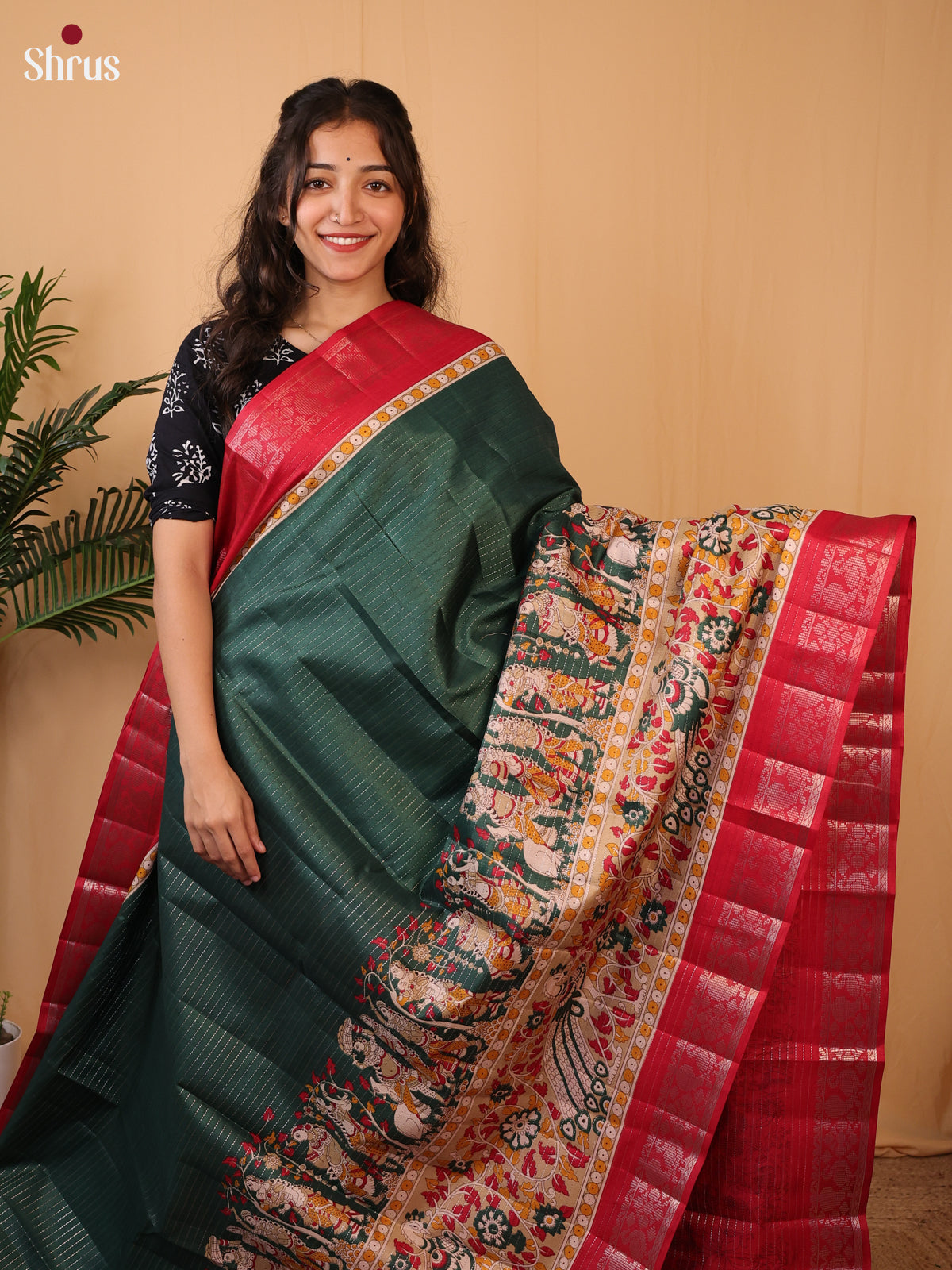 Green & Red - Printed Semi Tussar Saree - Shop on Shrus.com