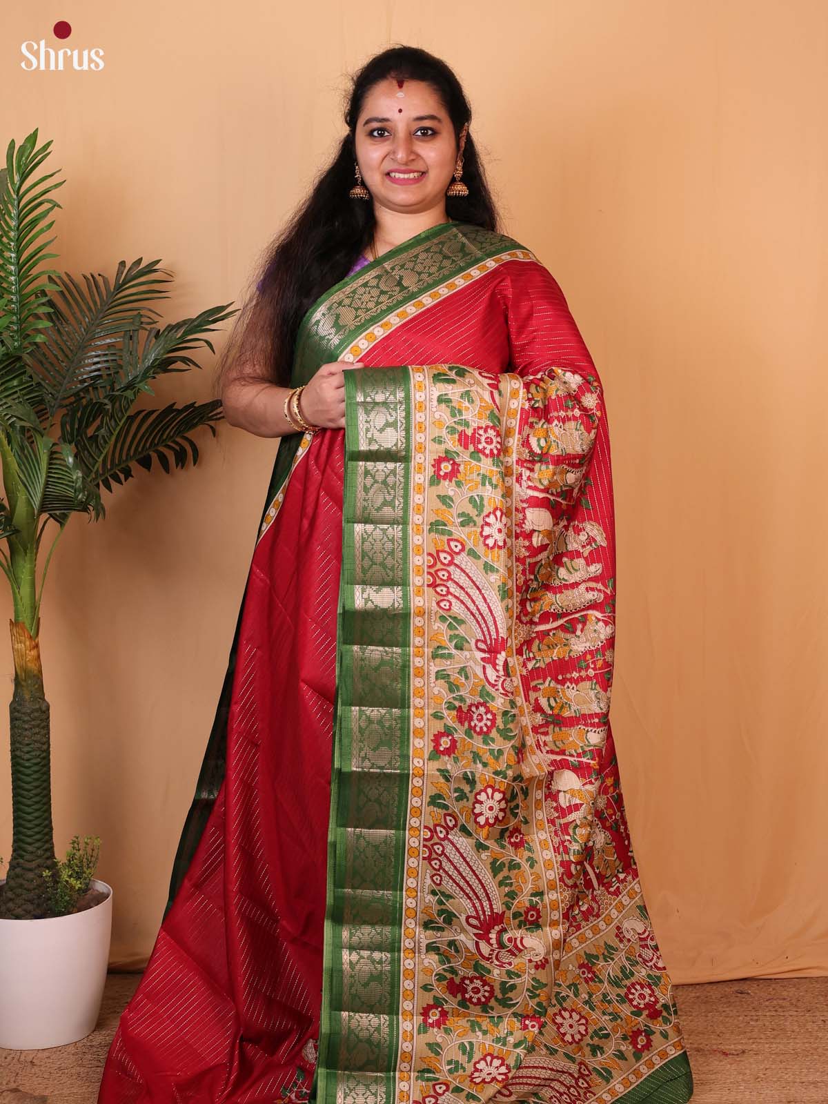 Red & Green - Printed Semi Tussar Saree - Shop on Shrus.com