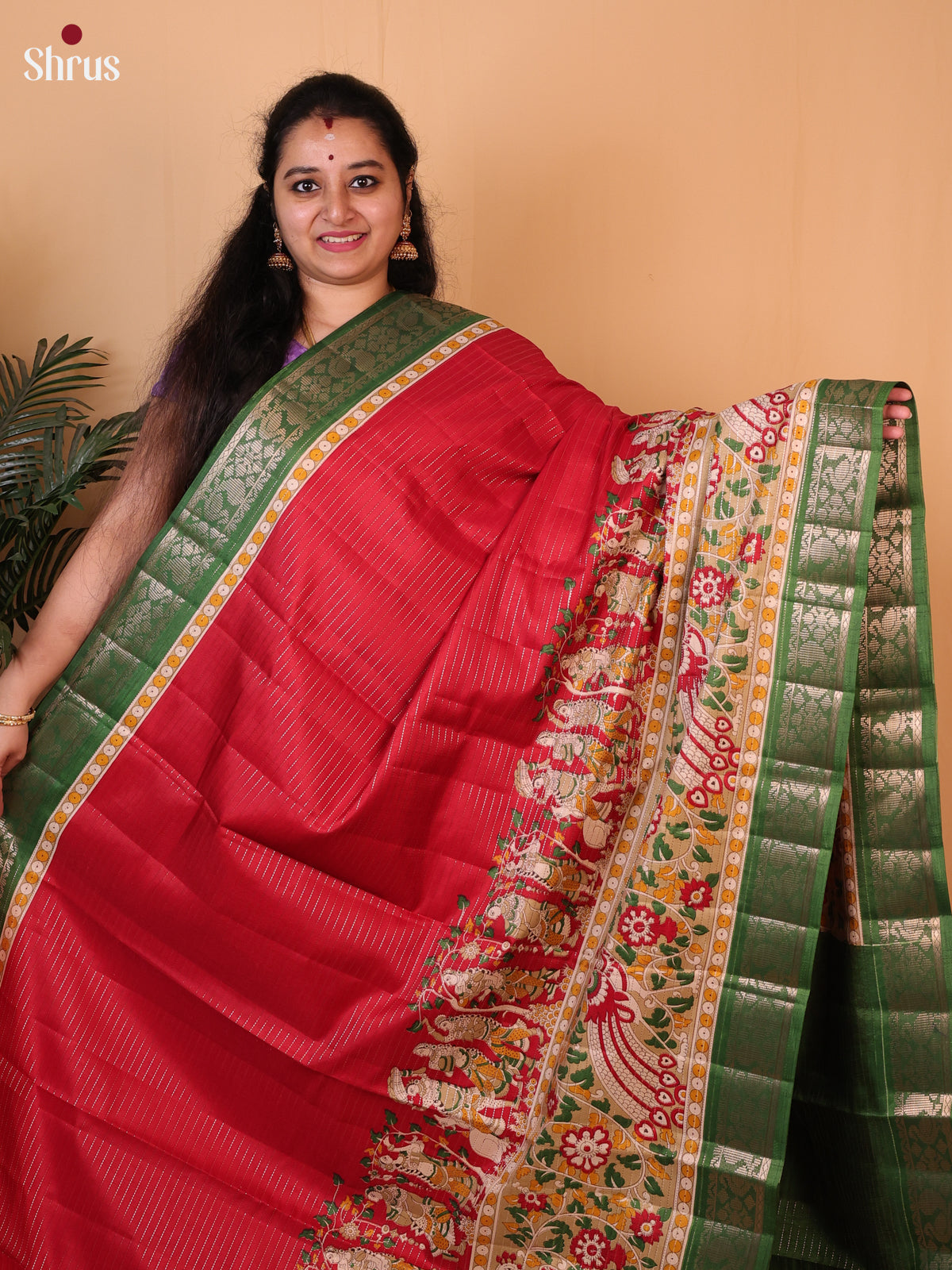 Red & Green - Printed Semi Tussar Saree - Shop on Shrus.com