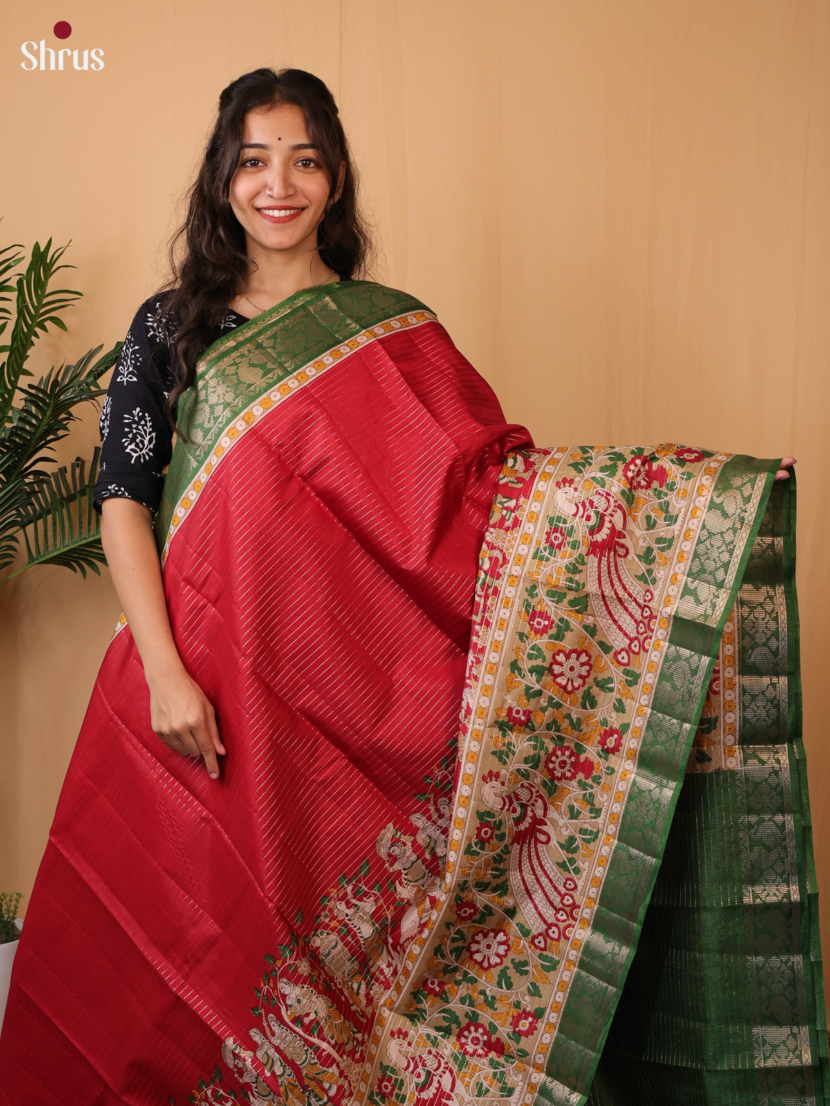 Red & Green - Printed Semi Tussar Saree - Shop on Shrus.com