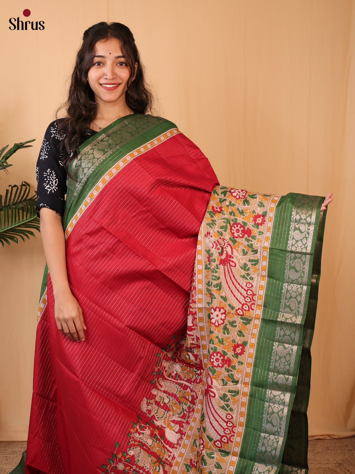 Red & Green - Printed Semi Tussar Saree - Shop on Shrus.com
