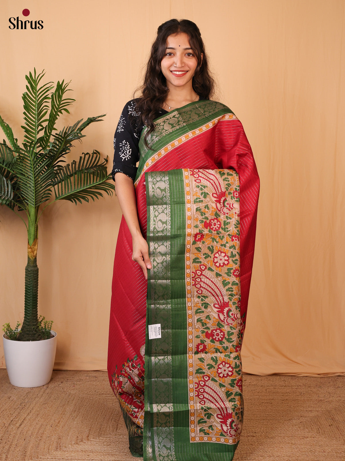 Red & Green - Printed Semi Tussar Saree - Shop on Shrus.com