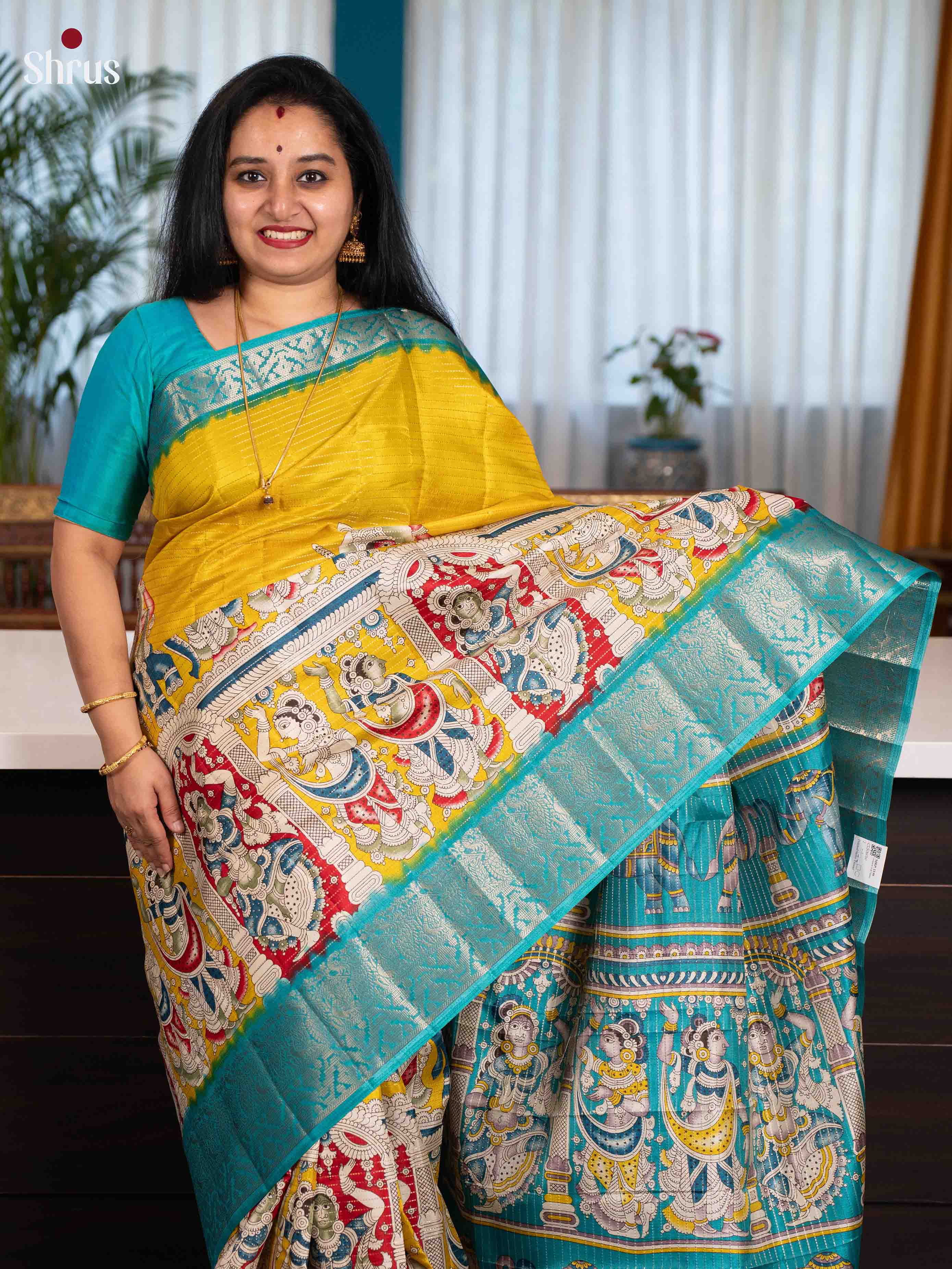 Yellow & Teal- Printed Semi Tussar - Shop on Shrus.com