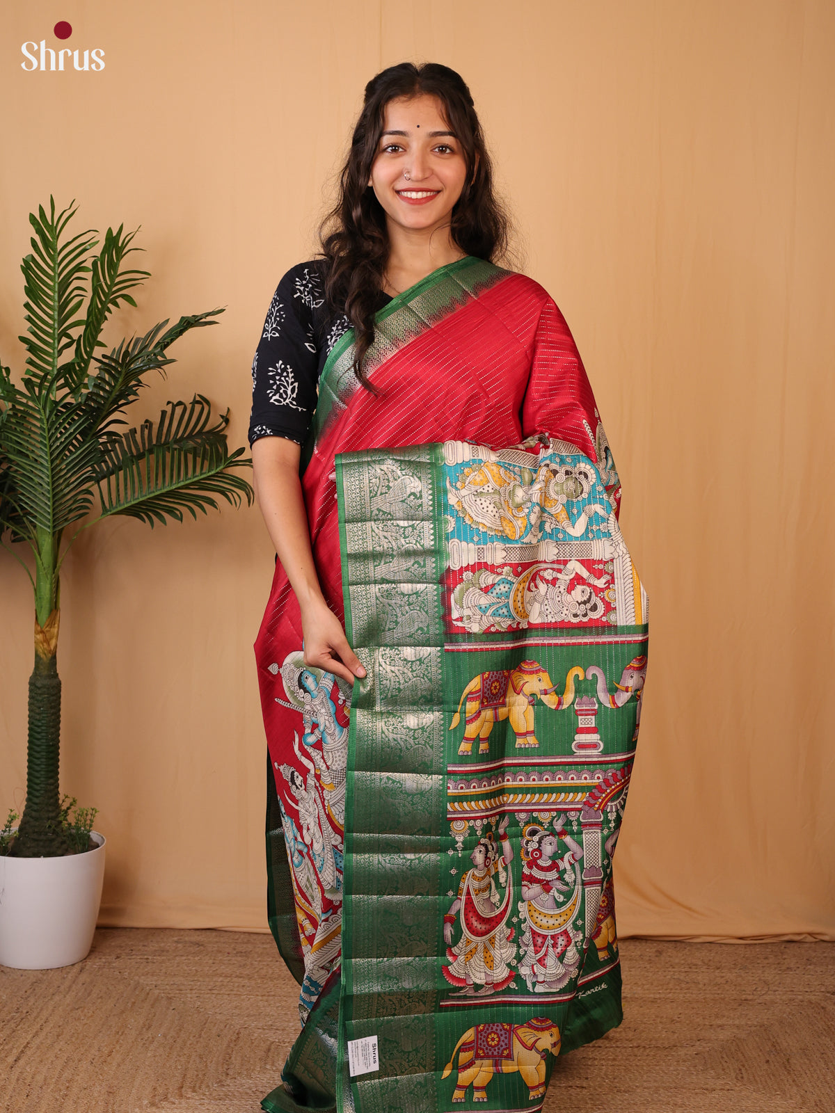 Red & Green - Printed Semi Tussar Saree - Shop on Shrus.com