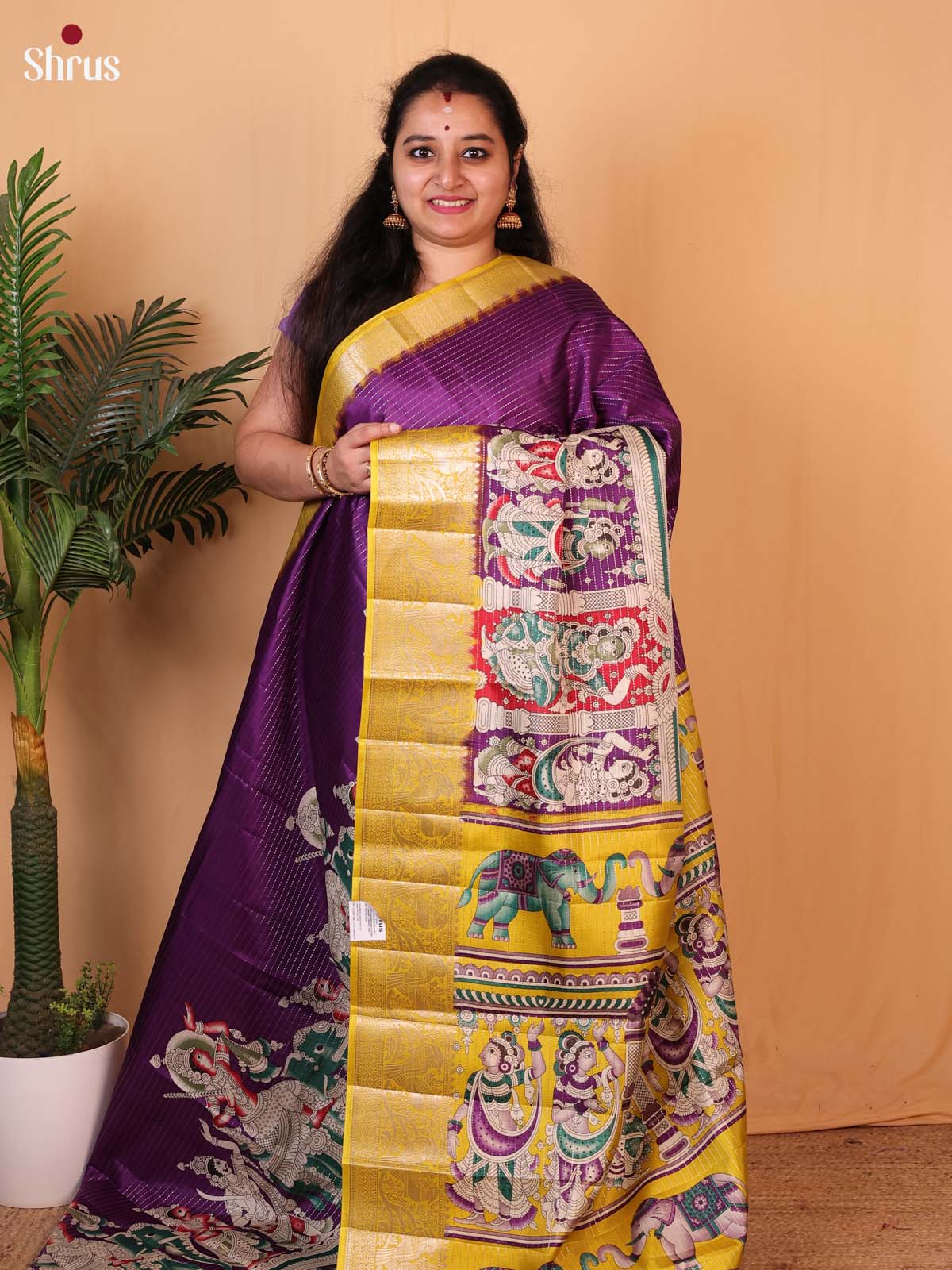 Purple & Yellow - Printed Semi Tussar Saree - Shop on Shrus.com