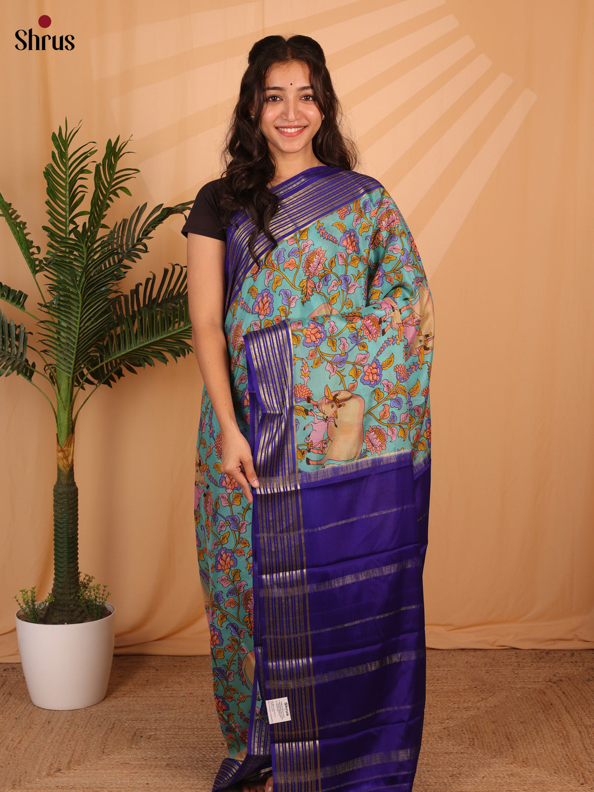 Teal & Blue - Mysore Silk Saree - Shop on Shrus.com