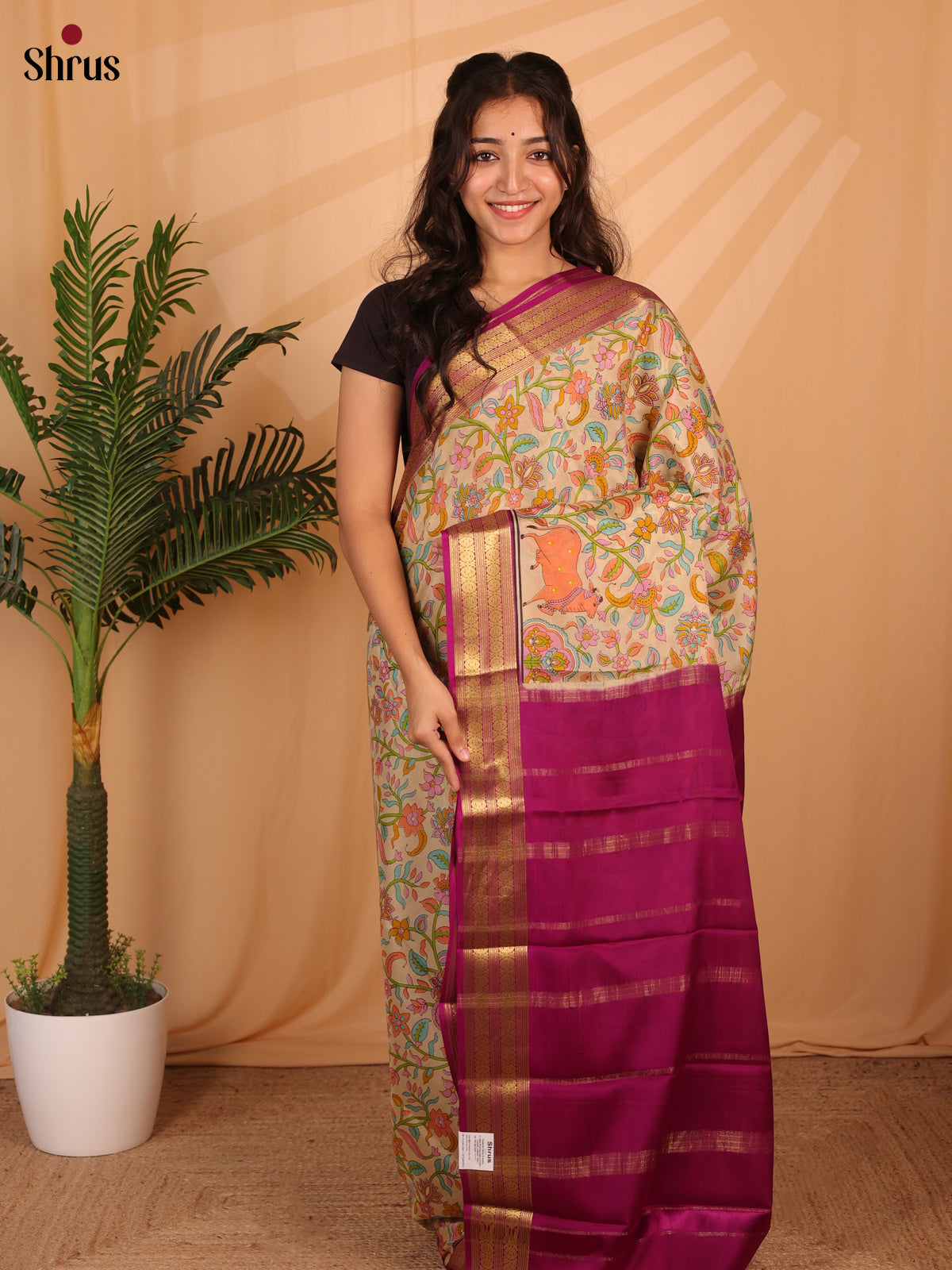 Beige & Majenta - Mysore Silk Saree - Shop on Shrus.com