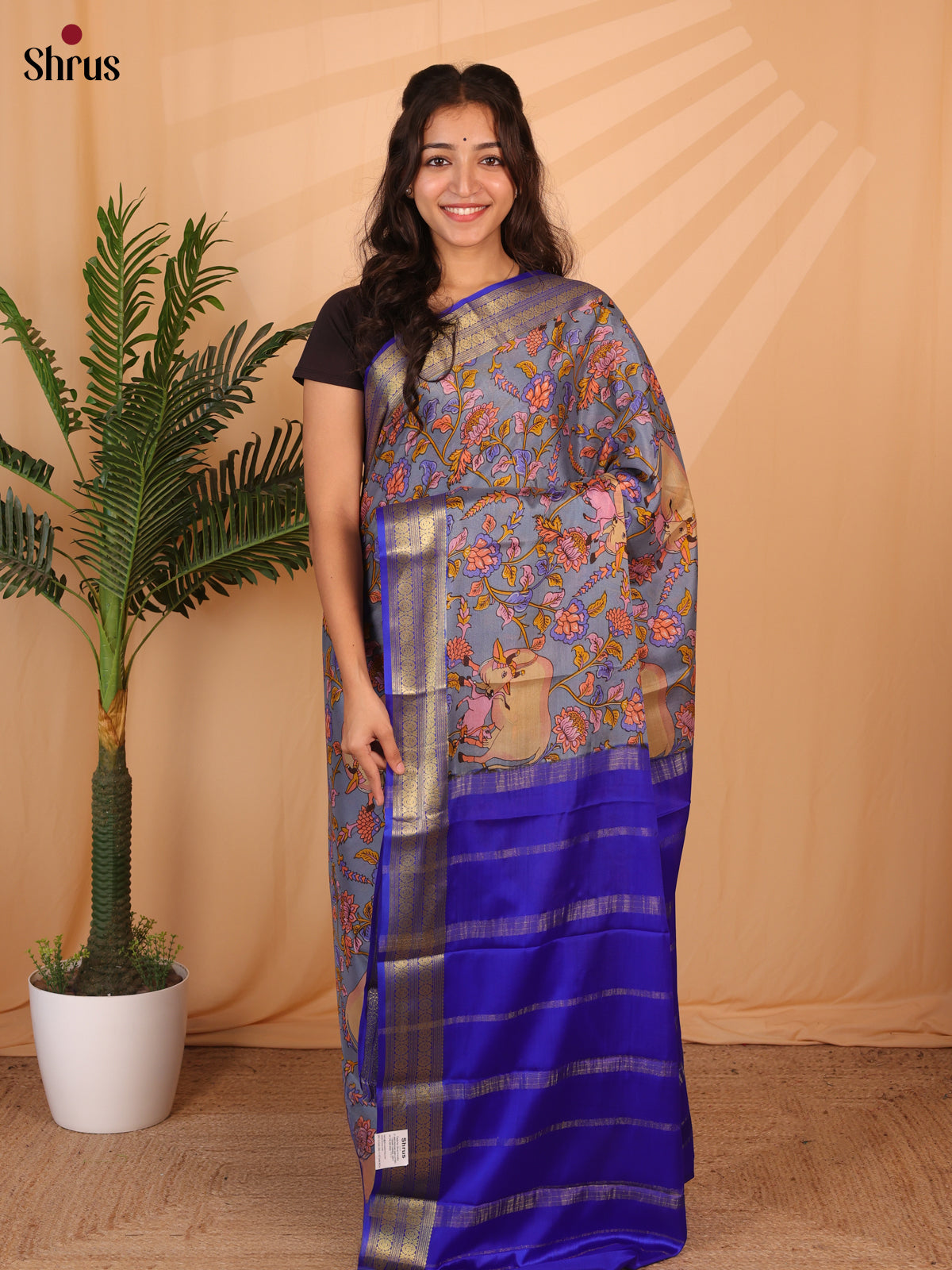 Grey & Blue - Mysore Silk Saree - Shop on Shrus.com