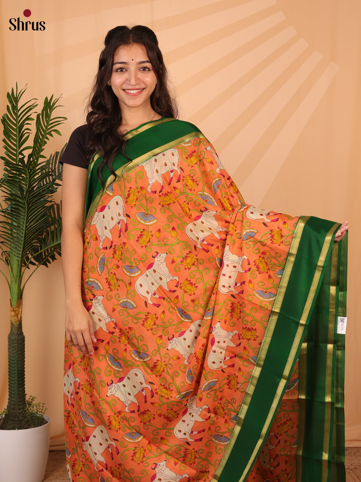 Orange & Green - Mysore Silk Saree - Shop on Shrus.com